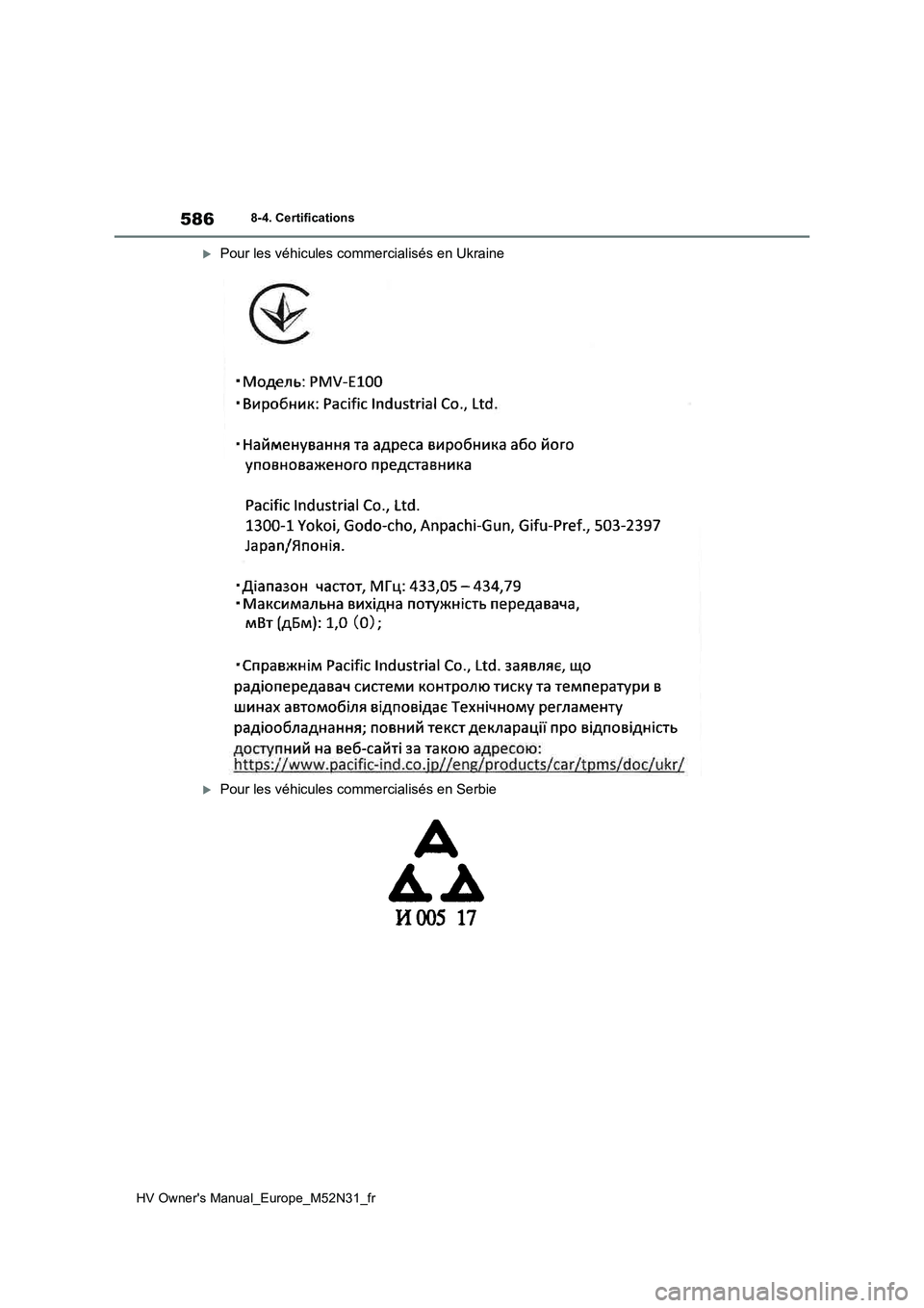 TOYOTA YARIS 2022  Notices Demploi (in French) 586
HV Owner's Manual_Europe_M52N31_fr
8-4. Certifications
Pour les véhicules commercialisés en Ukraine
Pour les véhicules commercialisés en Serbie 