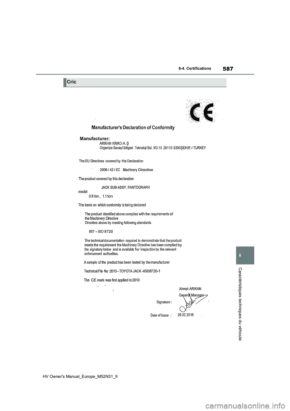 TOYOTA YARIS 2022  Notices Demploi (in French) 587
8
HV Owner's Manual_Europe_M52N31_fr
8-4. Certifications
Caractéristiques techniques du véhicule
Cric 
