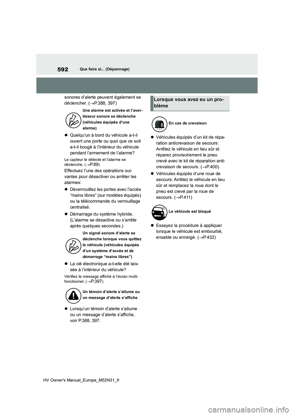 TOYOTA YARIS 2022 Notices Demploi (in French) 592
HV Owner's Manual_Europe_M52N31_fr
Que faire si... (Dépannage)
sonores d’alerte peuvent également se
déclencher. ( P.388, 397)
Quelqu’un à bord du véhicule a-t-il
ouvert u TOYOTA YARIS 2022 Notices Demploi (in French) 592
HV Owner's Manual_Europe_M52N31_fr
Que faire si... (Dépannage)
sonores d’alerte peuvent également se
déclencher. ( P.388, 397)
Quelqu’un à bord du véhicule a-t-il
ouvert u