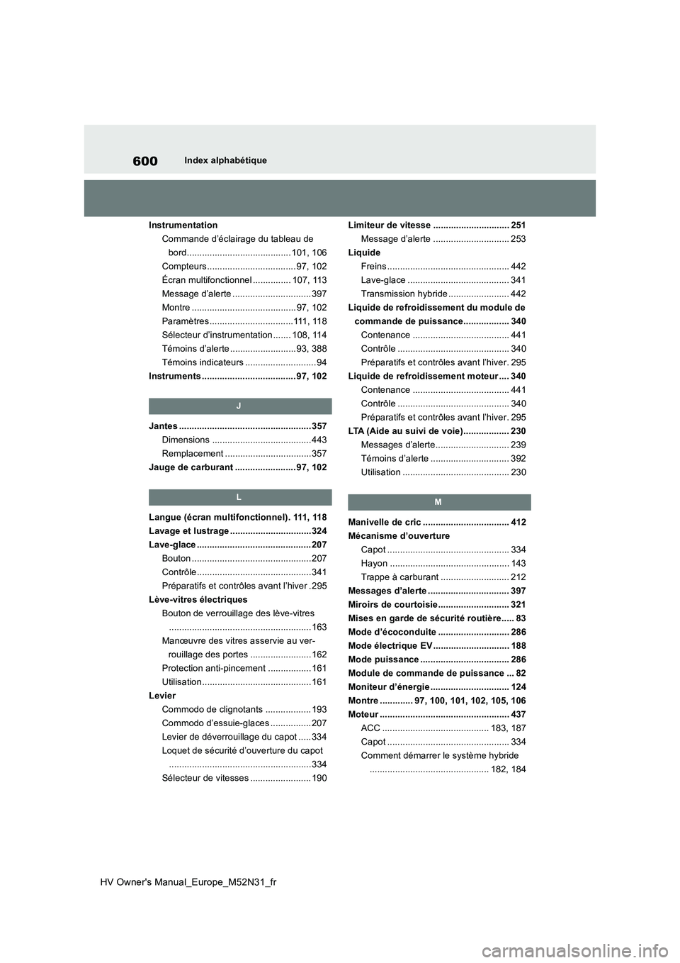 TOYOTA YARIS 2022 Notices Demploi (in French) 600
HV Owner's Manual_Europe_M52N31_fr
Index alphabétique
Instrumentation
Commande d’éclairage du tableau de
bord......................................... 101, 106
Compteurs ............... TOYOTA YARIS 2022 Notices Demploi (in French) 600
HV Owner's Manual_Europe_M52N31_fr
Index alphabétique
Instrumentation
Commande d’éclairage du tableau de
bord......................................... 101, 106
Compteurs ...............