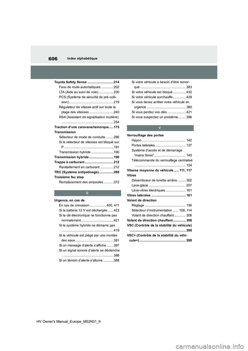 TOYOTA YARIS 2022  Notices Demploi (in French) 606
HV Owner's Manual_Europe_M52N31_fr
Index alphabétique 
Toyota Safety Sense ............................ 214 
Feux de route automatiques ............. 202
LTA (Aide au suivi de voie) .........
