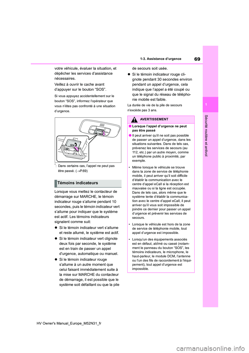 TOYOTA YARIS 2022  Notices Demploi (in French) 69
1
HV Owner's Manual_Europe_M52N31_fr
1-3. Assistance d’urgence
Sécurité routière et antivol
votre véhicule, évaluer la situation, et  
dépêcher les services d’assistance 
nécessaire