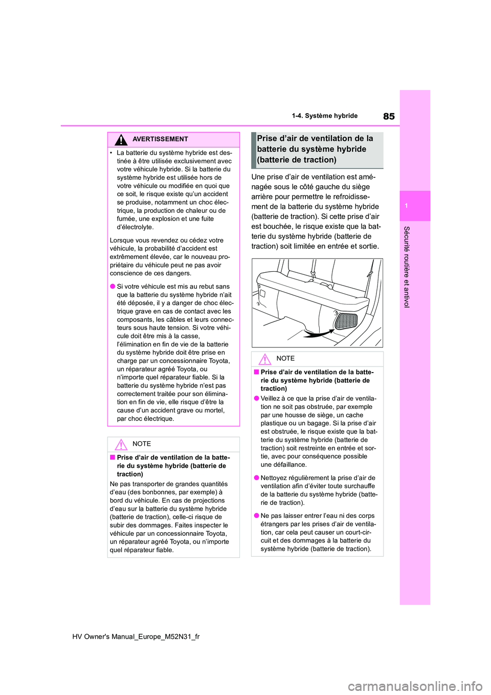 TOYOTA YARIS 2022  Notices Demploi (in French) 85
1
HV Owner's Manual_Europe_M52N31_fr
1-4. Système hybride
Sécurité routière et antivol
Une prise d’air de ventilation est amé- 
nagée sous le côté gauche du siège 
arrière pour perm