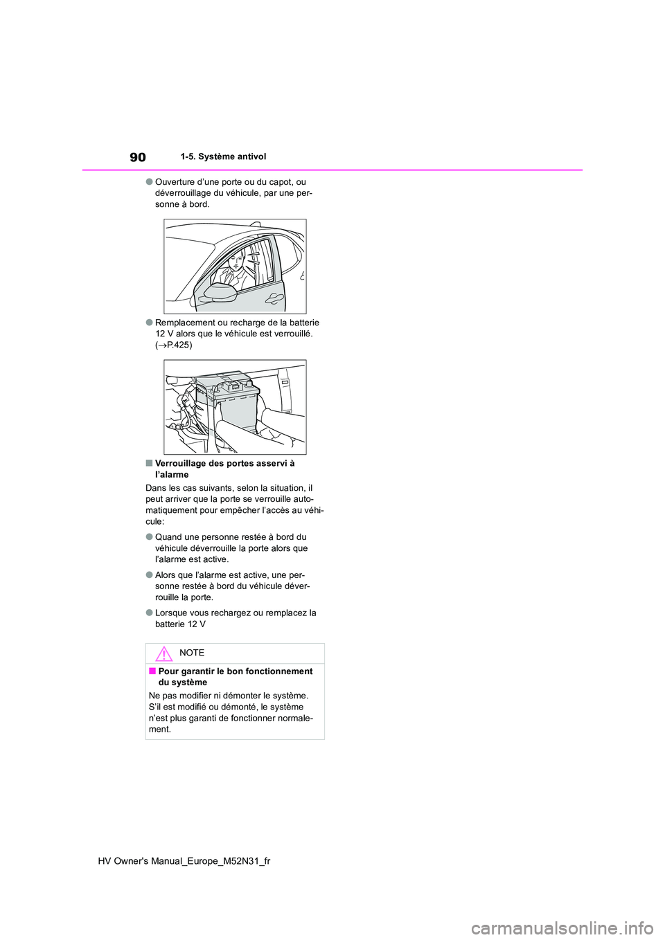 TOYOTA YARIS 2022  Notices Demploi (in French) 90
HV Owner's Manual_Europe_M52N31_fr
1-5. Système antivol
●Ouverture d’une porte ou du capot, ou  déverrouillage du véhicule, par une per-sonne à bord.
●Remplacement ou recharge de la b