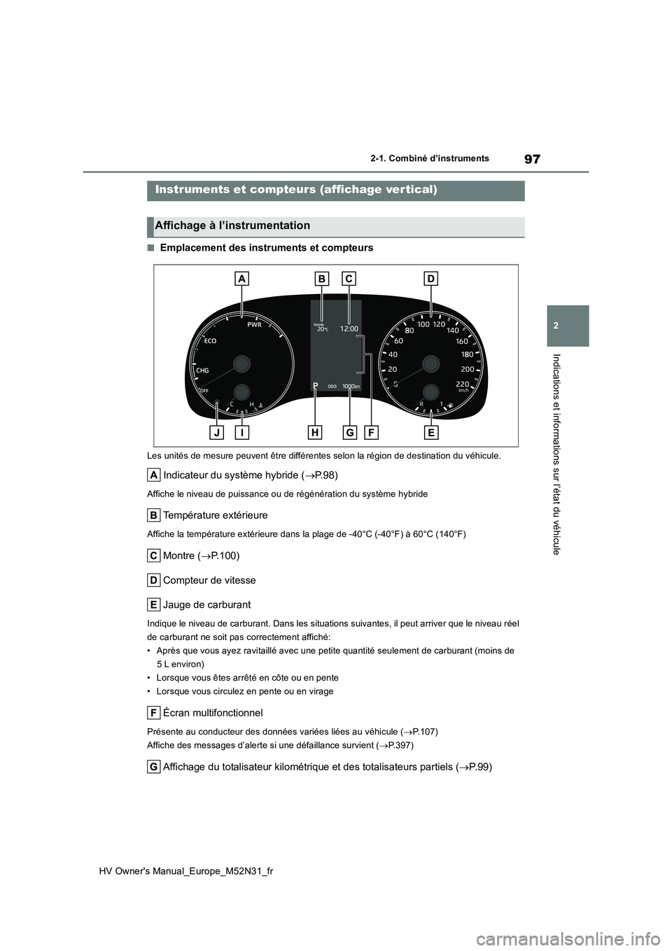 TOYOTA YARIS 2022  Notices Demploi (in French) 97
2
HV Owner's Manual_Europe_M52N31_fr
2-1. Combiné d’instruments
Indications et informations sur l’état du véhicule
■Emplacement des instruments et compteurs
Les unités de mesure peuve