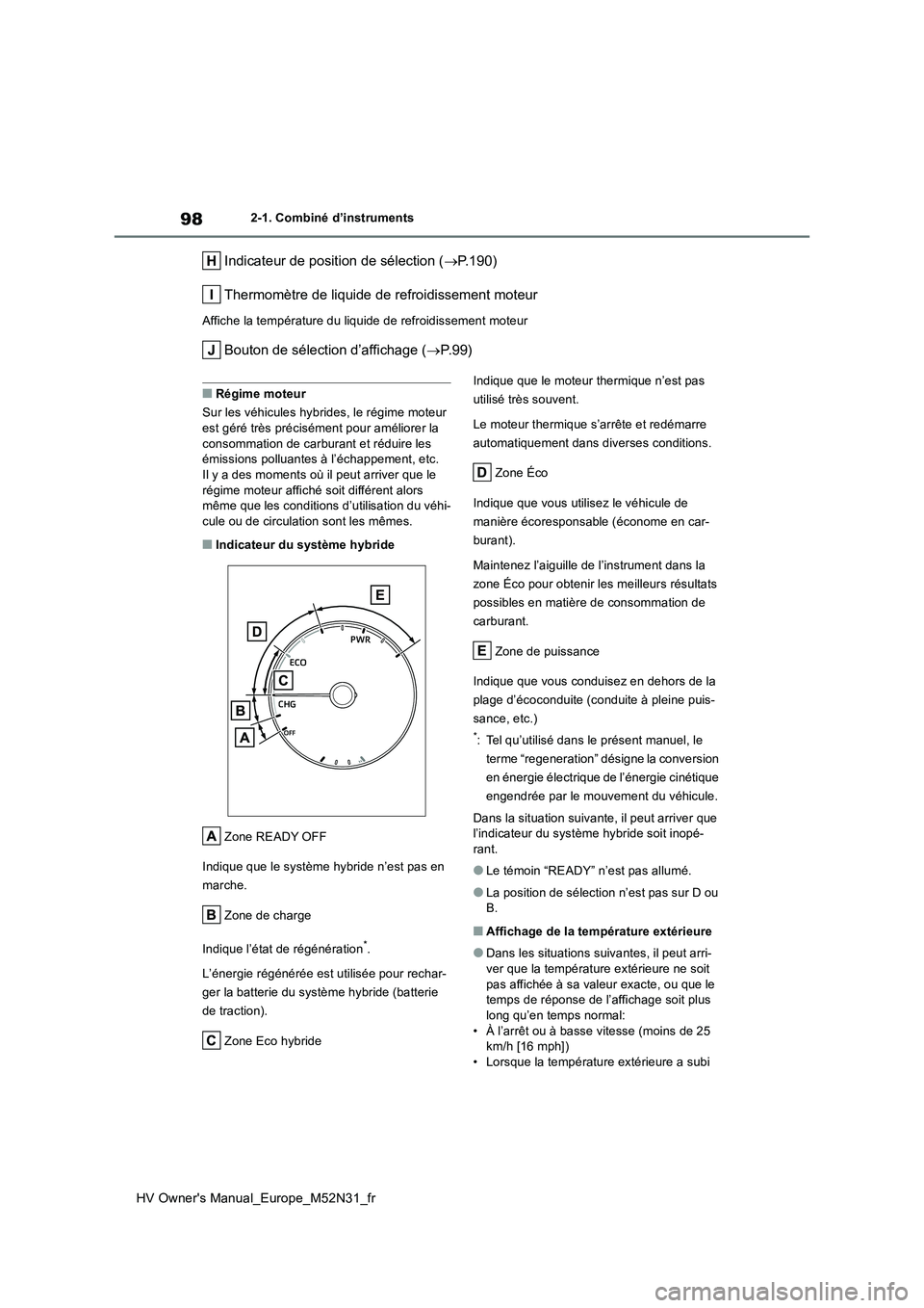 TOYOTA YARIS 2022  Notices Demploi (in French) 98
HV Owner's Manual_Europe_M52N31_fr
2-1. Combiné d’instruments
Indicateur de position de sélection (P.190) 
Thermomètre de liquide de refroidissement moteur
Affiche la température du li