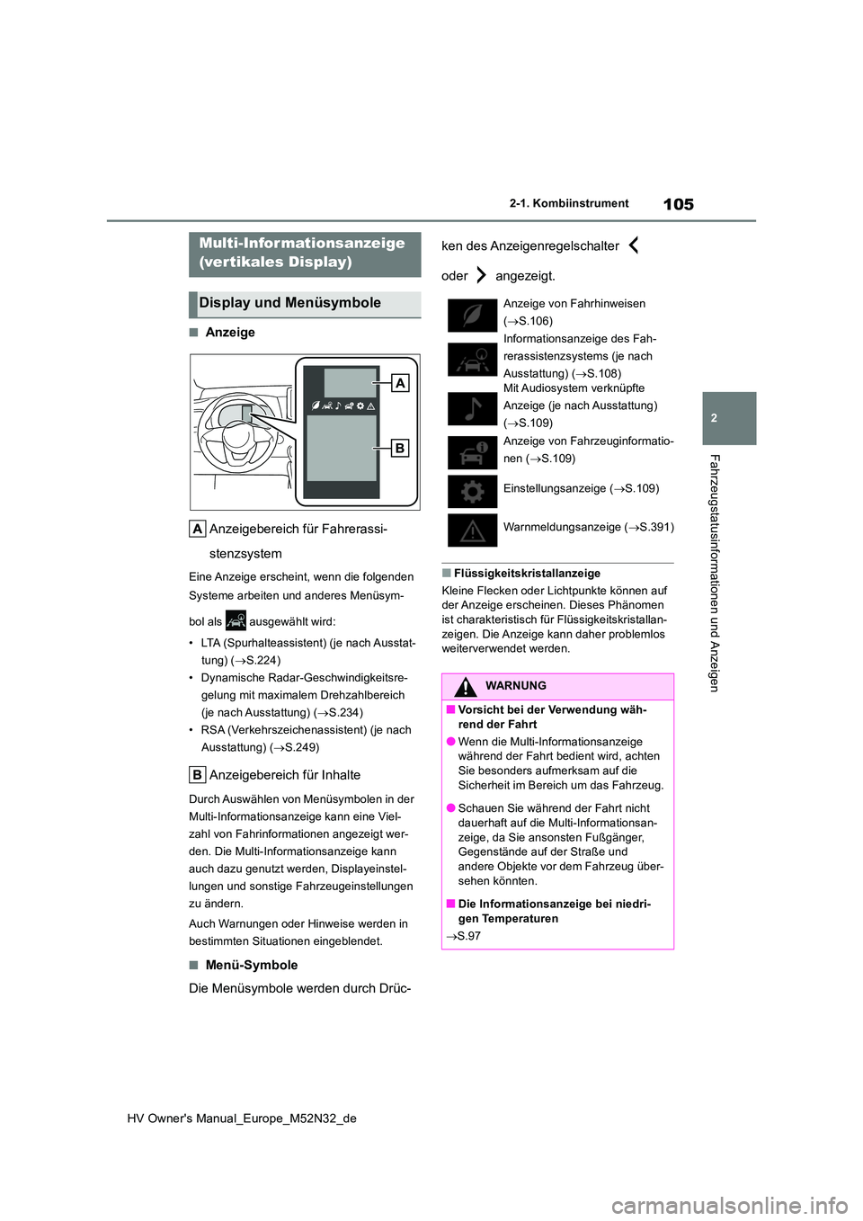 TOYOTA YARIS 2022  Betriebsanleitungen (in German) 105
2
HV Owner's Manual_Europe_M52N32_de
2-1. Kombiinstrument
Fahrzeugstatusinformationen und Anzeigen
■Anzeige 
Anzeigebereich für Fahrerassi- 
stenzsystem
Eine Anzeige erscheint, wenn die fol