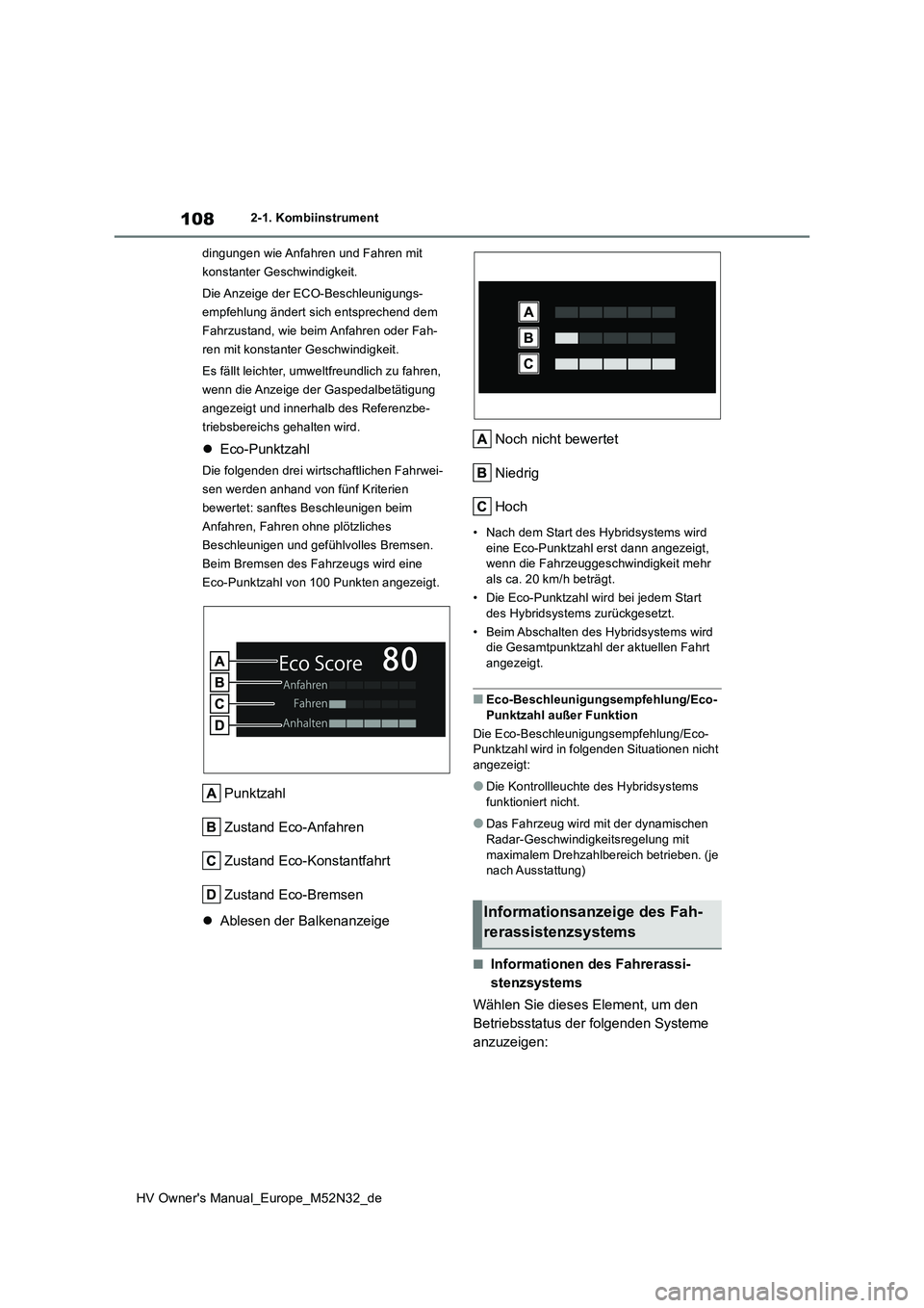 TOYOTA YARIS 2022  Betriebsanleitungen (in German) 108
HV Owner's Manual_Europe_M52N32_de
2-1. Kombiinstrument 
dingungen wie Anfahren und Fahren mit  
konstanter Geschwindigkeit. 
Die Anzeige der ECO-Beschleunigungs- 
empfehlung ändert sich ents