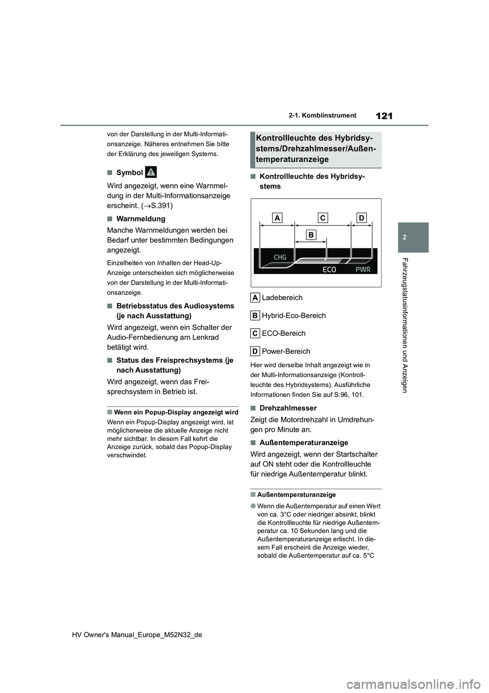 TOYOTA YARIS 2022 Betriebsanleitungen (in German) 121
2
HV Owner's Manual_Europe_M52N32_de
2-1. Kombiinstrument
Fahrzeugstatusinformationen und Anzeigen
von der Darstellung in der Multi-Informati-
onsanzeige. Näheres entnehmen Sie bitte
der Er TOYOTA YARIS 2022 Betriebsanleitungen (in German) 121
2
HV Owner's Manual_Europe_M52N32_de
2-1. Kombiinstrument
Fahrzeugstatusinformationen und Anzeigen
von der Darstellung in der Multi-Informati-
onsanzeige. Näheres entnehmen Sie bitte
der Er