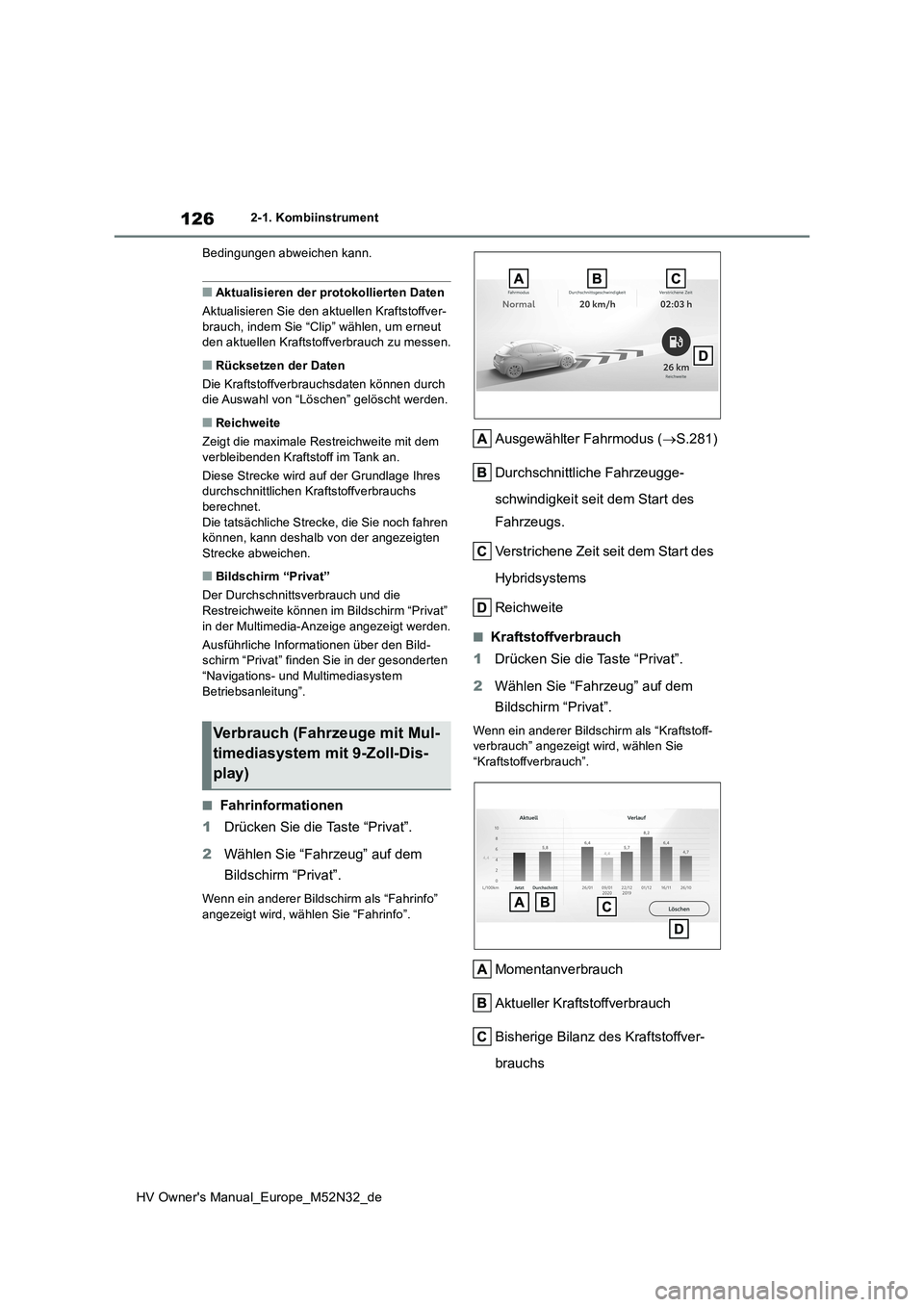 TOYOTA YARIS 2022 Betriebsanleitungen (in German) 126
HV Owner's Manual_Europe_M52N32_de
2-1. Kombiinstrument
Bedingungen abweichen kann.
■Aktualisieren der protokollierten Daten
Aktualisieren Sie den aktuellen Kraftstoffver-
brauch, indem S TOYOTA YARIS 2022 Betriebsanleitungen (in German) 126
HV Owner's Manual_Europe_M52N32_de
2-1. Kombiinstrument
Bedingungen abweichen kann.
■Aktualisieren der protokollierten Daten
Aktualisieren Sie den aktuellen Kraftstoffver-
brauch, indem S