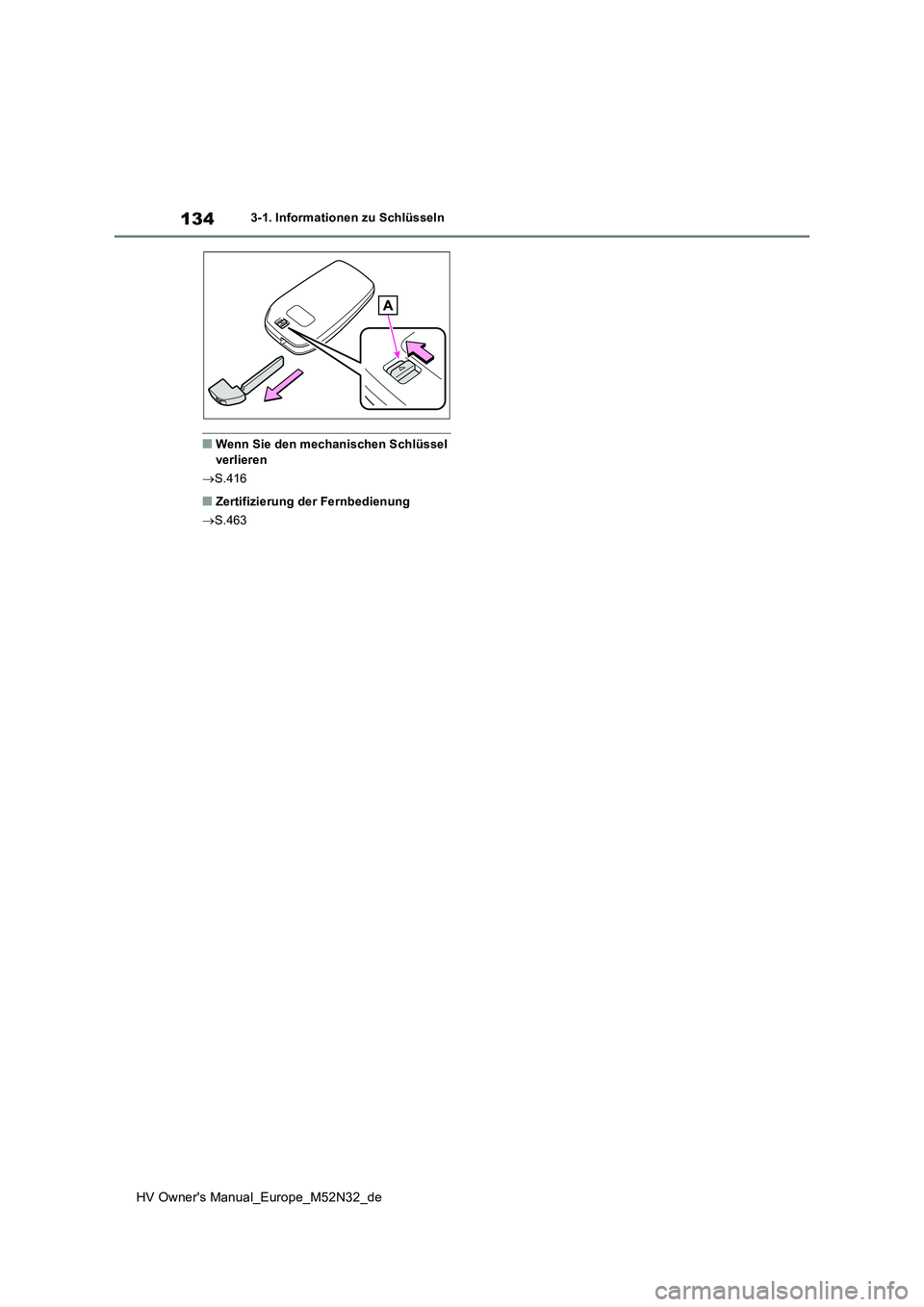TOYOTA YARIS 2022 Betriebsanleitungen (in German) 134
HV Owner's Manual_Europe_M52N32_de
3-1. Informationen zu Schlüsseln
■Wenn Sie den mechanischen Schlüssel verlieren
S.416
■Zertifizierung der Fernbedienung
S.463 TOYOTA YARIS 2022 Betriebsanleitungen (in German) 134
HV Owner's Manual_Europe_M52N32_de
3-1. Informationen zu Schlüsseln
■Wenn Sie den mechanischen Schlüssel verlieren
S.416
■Zertifizierung der Fernbedienung
S.463