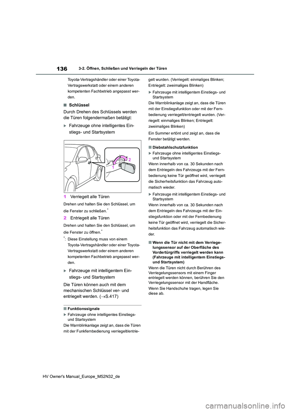 TOYOTA YARIS 2022 Betriebsanleitungen (in German) 136
HV Owner's Manual_Europe_M52N32_de
3-2. Öffnen, Schließen und Verriegeln der Türen
Toyota-Vertragshändler oder einer Toyota-
Vertragswerkstatt oder einem anderen
kompetenten Fachbetrieb TOYOTA YARIS 2022 Betriebsanleitungen (in German) 136
HV Owner's Manual_Europe_M52N32_de
3-2. Öffnen, Schließen und Verriegeln der Türen
Toyota-Vertragshändler oder einer Toyota-
Vertragswerkstatt oder einem anderen
kompetenten Fachbetrieb