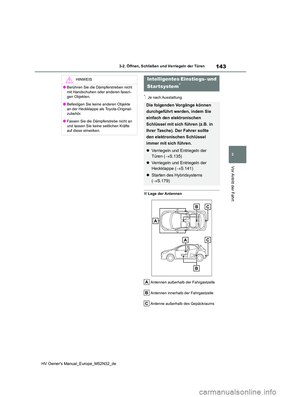 TOYOTA YARIS 2022 Betriebsanleitungen (in German) 143
3
HV Owner's Manual_Europe_M52N32_de
3-2. Öffnen, Schließen und Verriegeln der Türen
Vor Antritt der Fahrt
*: Je nach Ausstattung
■Lage der Antennen
Antennen außerhalb der Fahrgastzelle TOYOTA YARIS 2022 Betriebsanleitungen (in German) 143
3
HV Owner's Manual_Europe_M52N32_de
3-2. Öffnen, Schließen und Verriegeln der Türen
Vor Antritt der Fahrt
*: Je nach Ausstattung
■Lage der Antennen
Antennen außerhalb der Fahrgastzelle