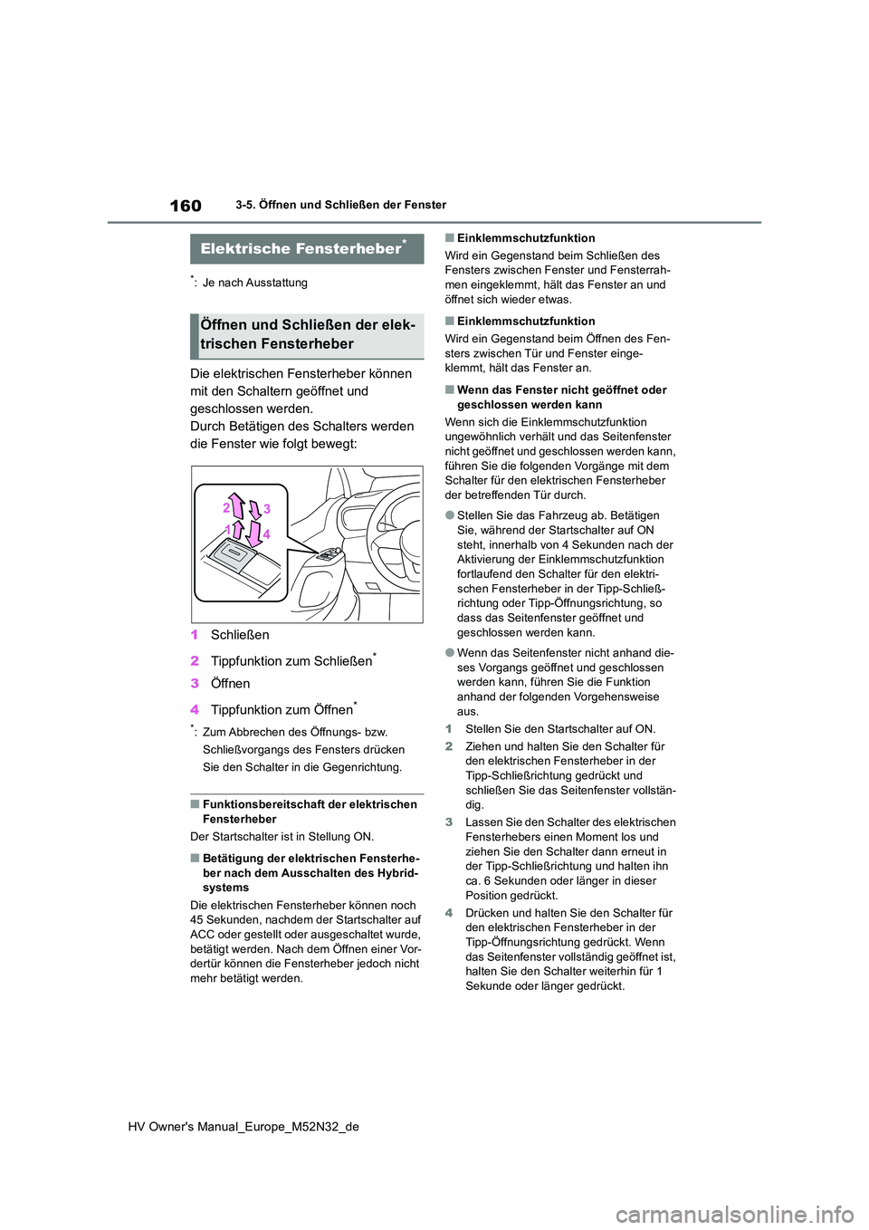 TOYOTA YARIS 2022 Betriebsanleitungen (in German) 160
HV Owner's Manual_Europe_M52N32_de
3-5. Öffnen und Schließen der Fenster
3-5.Öffnen und Sc hließ en der Fe nster
*: Je nach Ausstattung
Die elektrischen Fensterheber können
mit den Sch TOYOTA YARIS 2022 Betriebsanleitungen (in German) 160
HV Owner's Manual_Europe_M52N32_de
3-5. Öffnen und Schließen der Fenster
3-5.Öffnen und Sc hließ en der Fe nster
*: Je nach Ausstattung
Die elektrischen Fensterheber können
mit den Sch