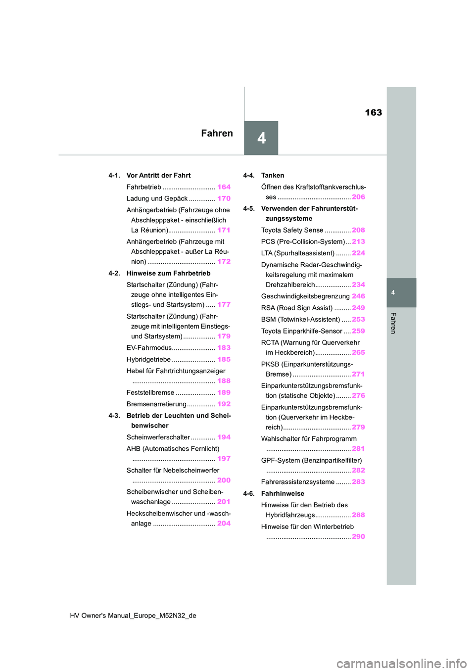 TOYOTA YARIS 2022 Betriebsanleitungen (in German) 4
163
HV Owner's Manual_Europe_M52N32_de
4
Fahren
Fahren
4-1. Vor Antritt der Fahrt
Fahrbetrieb ............................ 164
Ladung und Gepäck .............. 170
Anhängerbetrieb (Fahrzeug TOYOTA YARIS 2022 Betriebsanleitungen (in German) 4
163
HV Owner's Manual_Europe_M52N32_de
4
Fahren
Fahren
4-1. Vor Antritt der Fahrt
Fahrbetrieb ............................ 164
Ladung und Gepäck .............. 170
Anhängerbetrieb (Fahrzeug