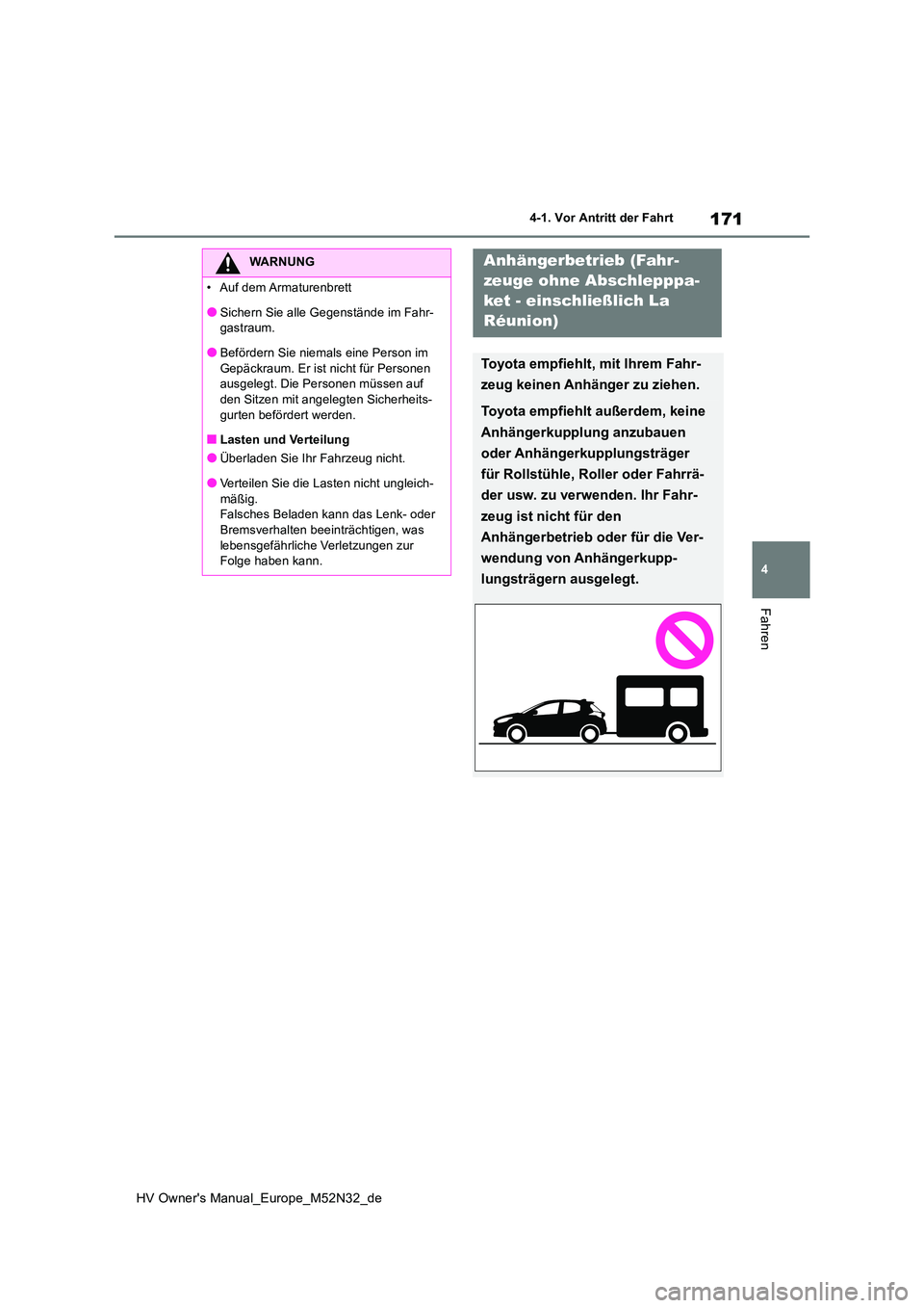 TOYOTA YARIS 2022  Betriebsanleitungen (in German) 171
4
HV Owner's Manual_Europe_M52N32_de
4-1. Vor Antritt der Fahrt
Fahren
WARNUNG
�