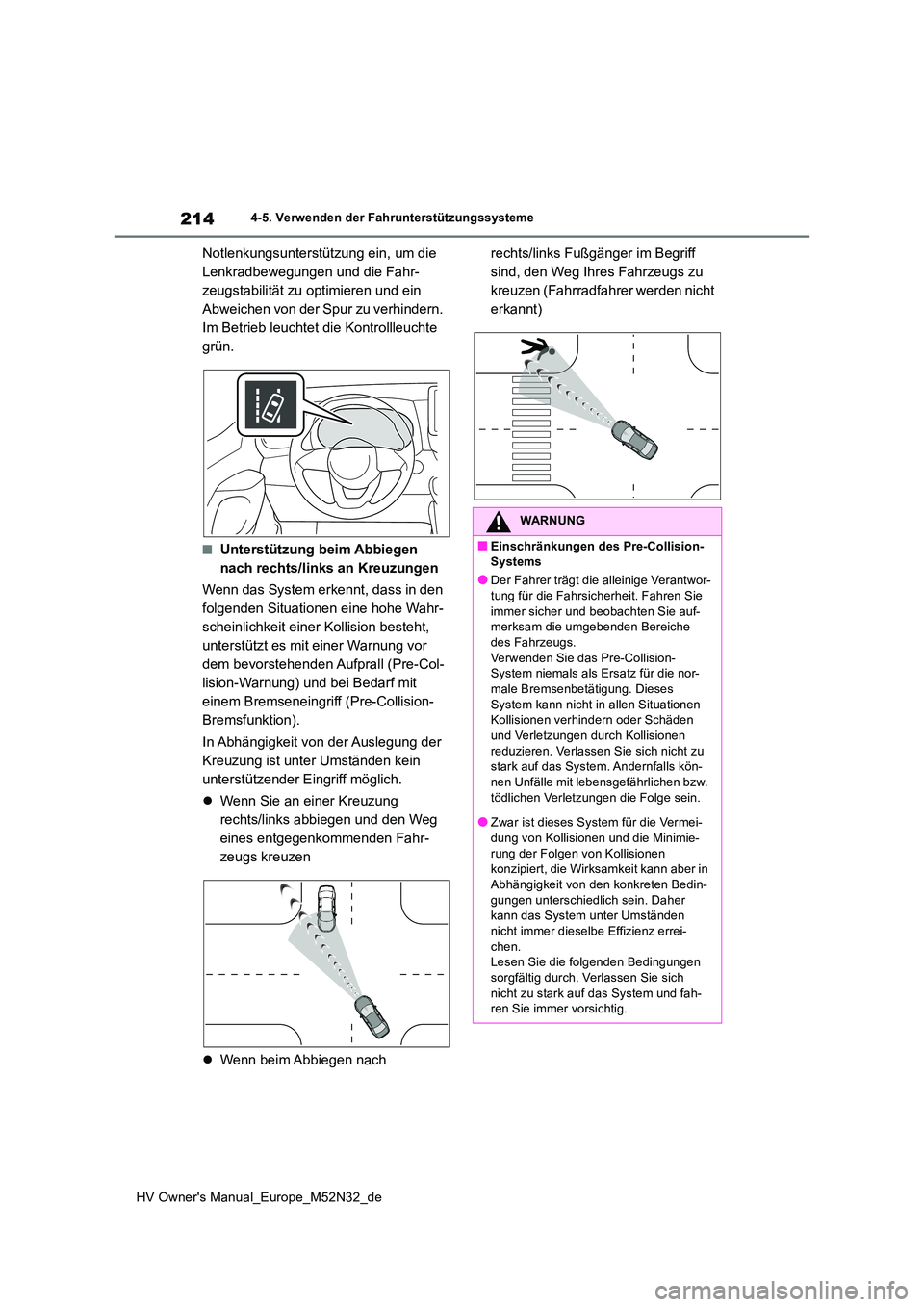 TOYOTA YARIS 2022 Betriebsanleitungen (in German) 214
HV Owner's Manual_Europe_M52N32_de
4-5. Verwenden der Fahrunterstützungssysteme
Notlenkungsunterstützung ein, um die
Lenkradbewegungen und die Fahr-
zeugstabilität zu optimieren und ein
TOYOTA YARIS 2022 Betriebsanleitungen (in German) 214
HV Owner's Manual_Europe_M52N32_de
4-5. Verwenden der Fahrunterstützungssysteme
Notlenkungsunterstützung ein, um die
Lenkradbewegungen und die Fahr-
zeugstabilität zu optimieren und ein