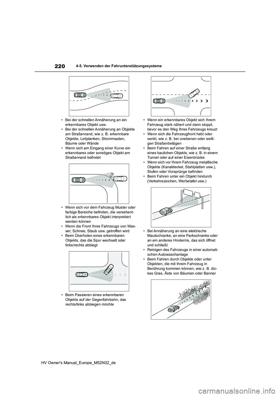 TOYOTA YARIS 2022 Betriebsanleitungen (in German) 220
HV Owner's Manual_Europe_M52N32_de
4-5. Verwenden der Fahrunterstützungssysteme
• Bei der schnellen Annäherung an ein erkennbares Objekt usw.• Bei der schnellen Annäherung an Objekte TOYOTA YARIS 2022 Betriebsanleitungen (in German) 220
HV Owner's Manual_Europe_M52N32_de
4-5. Verwenden der Fahrunterstützungssysteme
• Bei der schnellen Annäherung an ein erkennbares Objekt usw.• Bei der schnellen Annäherung an Objekte
