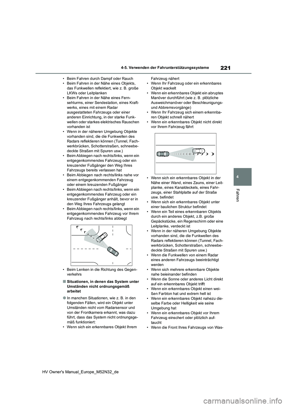 TOYOTA YARIS 2022 Betriebsanleitungen (in German) 221
4
HV Owner's Manual_Europe_M52N32_de
4-5. Verwenden der Fahrunterstützungssysteme
Fahren
• Beim Fahren durch Dampf oder Rauch • Beim Fahren in der Nähe eines Objekts, das Funkwellen refl TOYOTA YARIS 2022 Betriebsanleitungen (in German) 221
4
HV Owner's Manual_Europe_M52N32_de
4-5. Verwenden der Fahrunterstützungssysteme
Fahren
• Beim Fahren durch Dampf oder Rauch • Beim Fahren in der Nähe eines Objekts, das Funkwellen refl