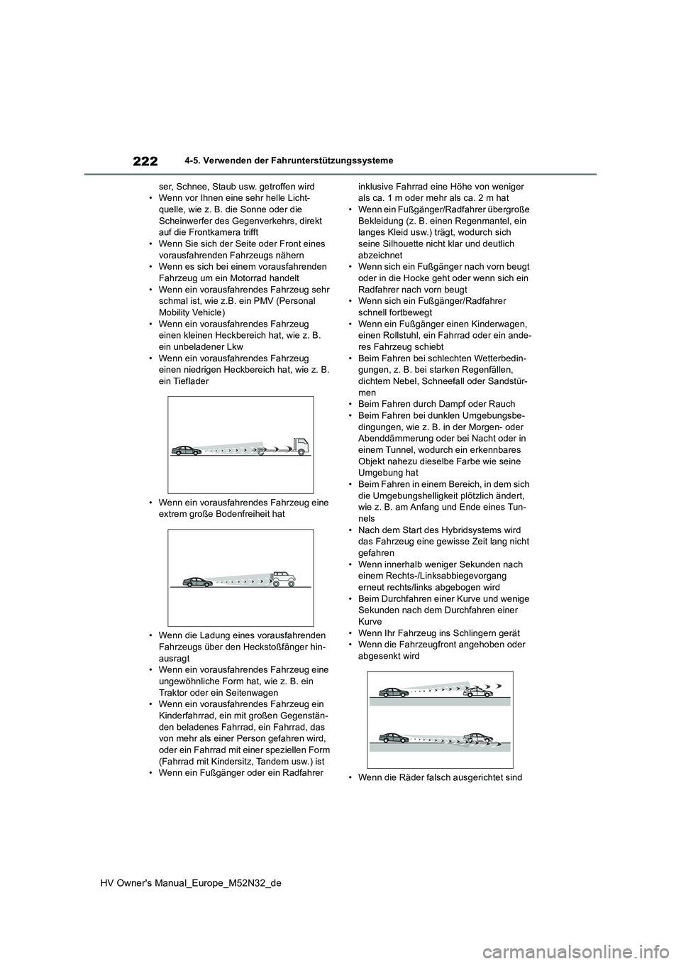 TOYOTA YARIS 2022 Betriebsanleitungen (in German) 222
HV Owner's Manual_Europe_M52N32_de
4-5. Verwenden der Fahrunterstützungssysteme
ser, Schnee, Staub usw. getroffen wird • Wenn vor Ihnen eine sehr helle Licht-quelle, wie z. B. die Sonne od TOYOTA YARIS 2022 Betriebsanleitungen (in German) 222
HV Owner's Manual_Europe_M52N32_de
4-5. Verwenden der Fahrunterstützungssysteme
ser, Schnee, Staub usw. getroffen wird • Wenn vor Ihnen eine sehr helle Licht-quelle, wie z. B. die Sonne od