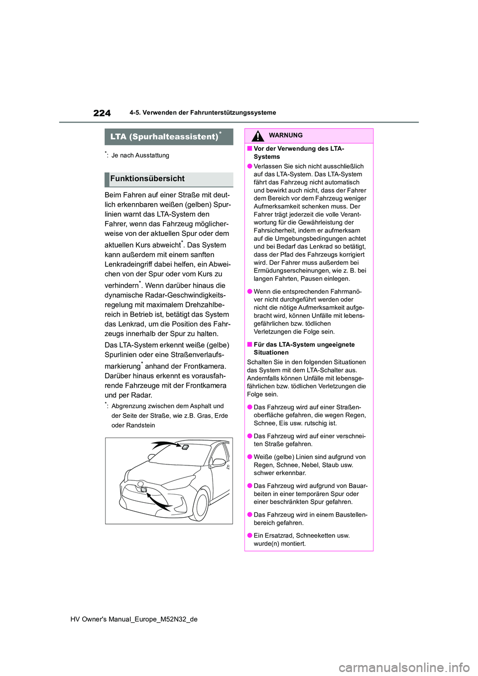 TOYOTA YARIS 2022 Betriebsanleitungen (in German) 224
HV Owner's Manual_Europe_M52N32_de
4-5. Verwenden der Fahrunterstützungssysteme
*: Je nach Ausstattung
Beim Fahren auf einer Straße mit deut-
lich erkennbaren weißen (gelben) Spur-
linien TOYOTA YARIS 2022 Betriebsanleitungen (in German) 224
HV Owner's Manual_Europe_M52N32_de
4-5. Verwenden der Fahrunterstützungssysteme
*: Je nach Ausstattung
Beim Fahren auf einer Straße mit deut-
lich erkennbaren weißen (gelben) Spur-
linien