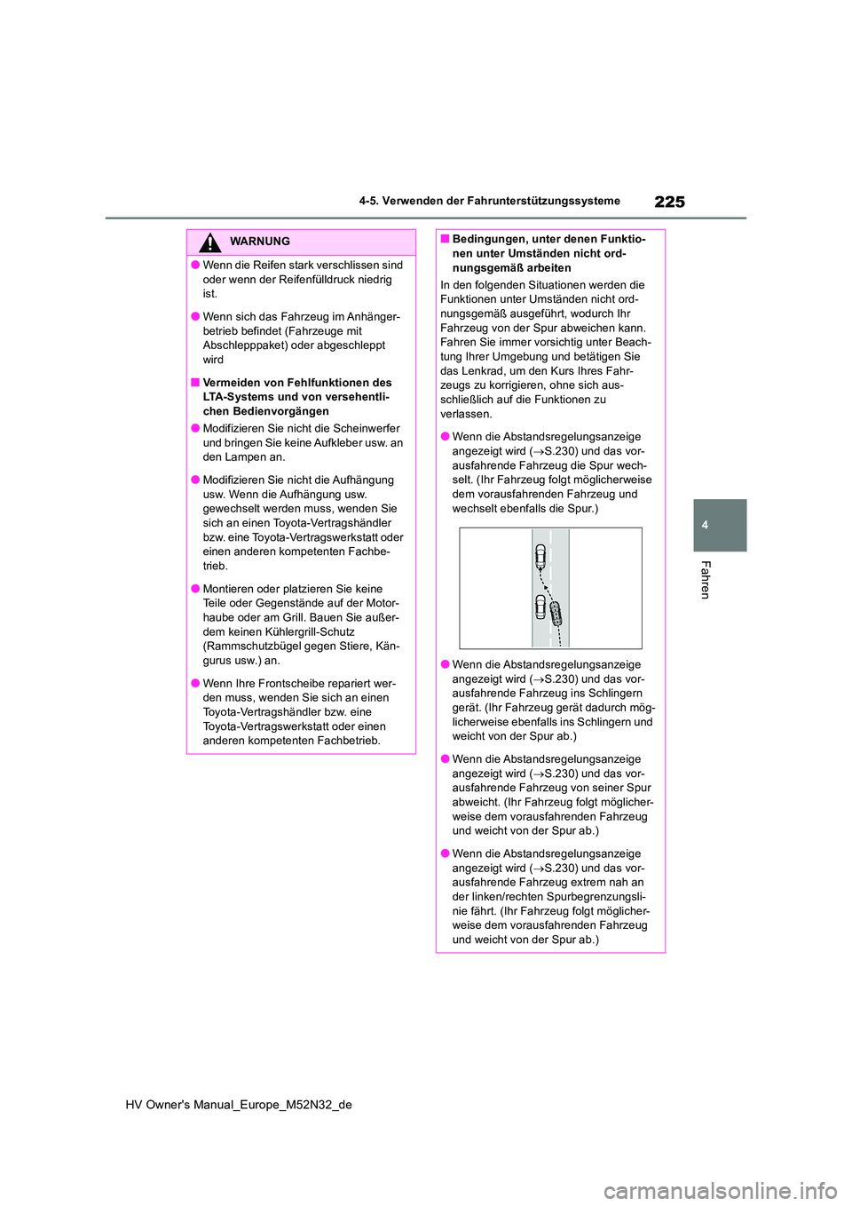 TOYOTA YARIS 2022 Betriebsanleitungen (in German) 225
4
HV Owner's Manual_Europe_M52N32_de
4-5. Verwenden der Fahrunterstützungssysteme
Fahren
WARNUNG
●Wenn die Reifen stark verschlissen sind
oder wenn der Reifenfülldruck niedrig ist.
●W TOYOTA YARIS 2022 Betriebsanleitungen (in German) 225
4
HV Owner's Manual_Europe_M52N32_de
4-5. Verwenden der Fahrunterstützungssysteme
Fahren
WARNUNG
●Wenn die Reifen stark verschlissen sind
oder wenn der Reifenfülldruck niedrig ist.
●W