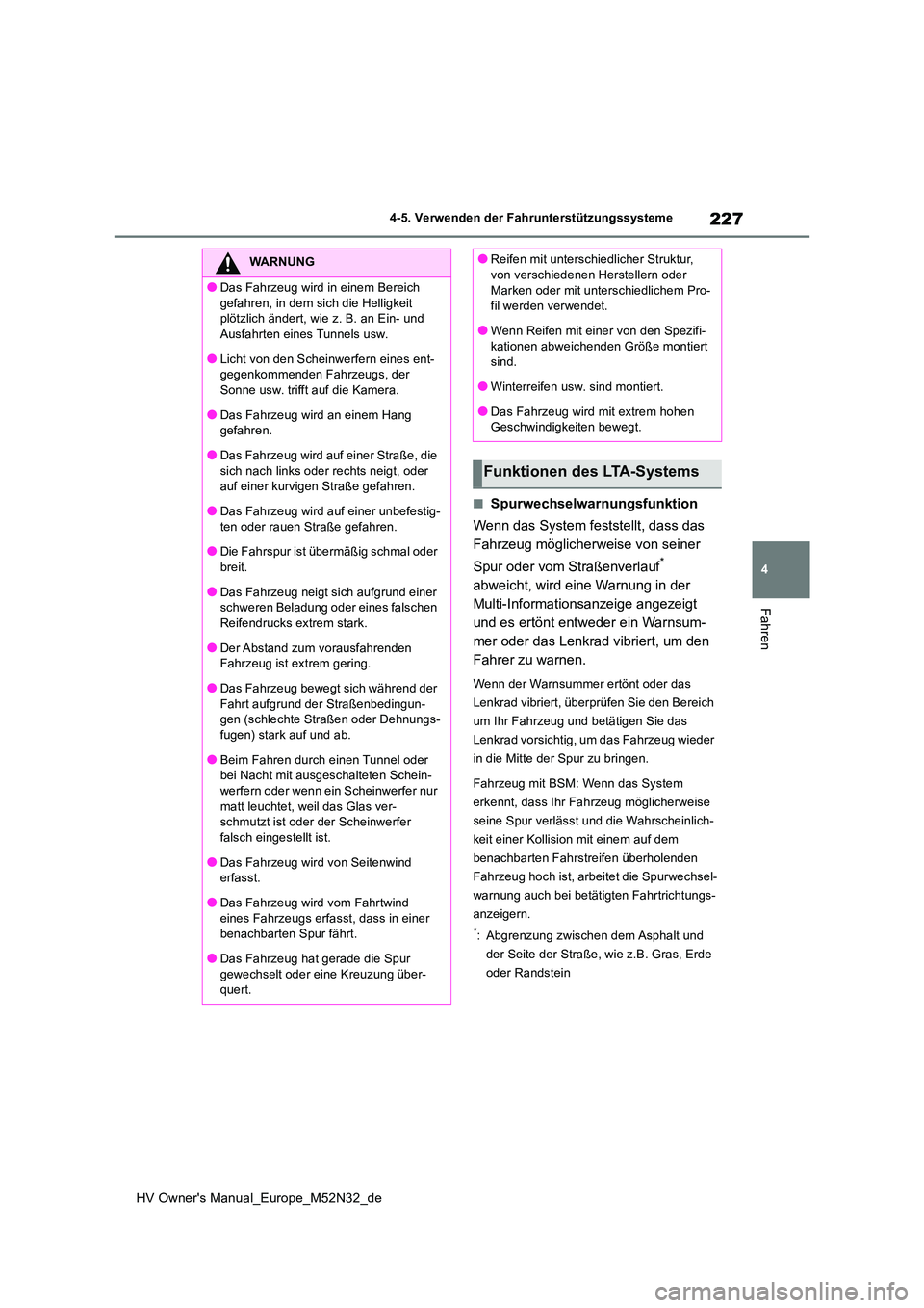 TOYOTA YARIS 2022 Betriebsanleitungen (in German) 227
4
HV Owner's Manual_Europe_M52N32_de
4-5. Verwenden der Fahrunterstützungssysteme
Fahren
■Spurwechselwarnungsfunktion
Wenn das System feststellt, dass das
Fahrzeug möglicherweise von se TOYOTA YARIS 2022 Betriebsanleitungen (in German) 227
4
HV Owner's Manual_Europe_M52N32_de
4-5. Verwenden der Fahrunterstützungssysteme
Fahren
■Spurwechselwarnungsfunktion
Wenn das System feststellt, dass das
Fahrzeug möglicherweise von se