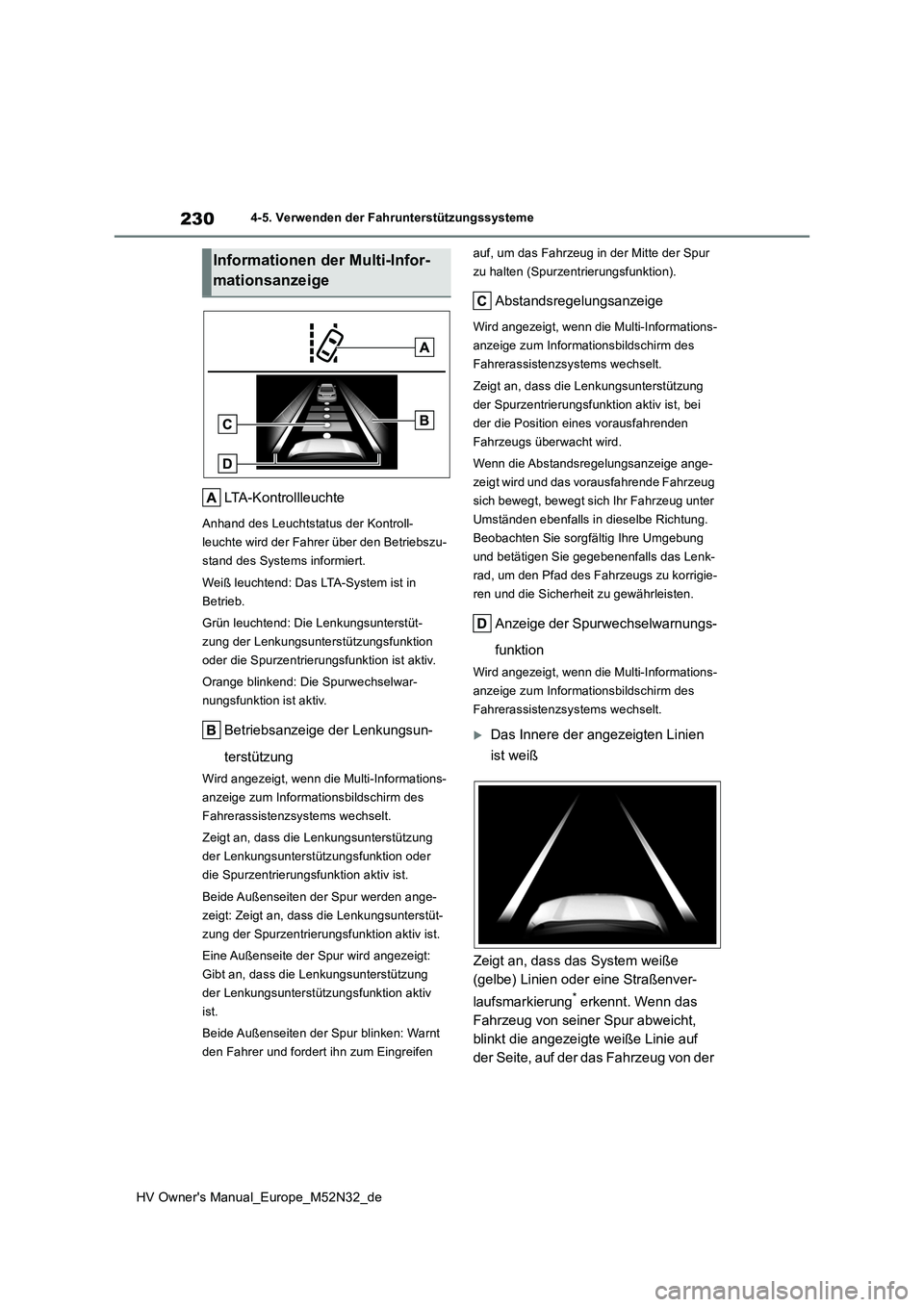 TOYOTA YARIS 2022  Betriebsanleitungen (in German) 230
HV Owner's Manual_Europe_M52N32_de
4-5. Verwenden der Fahrunterstützungssysteme
LTA-Kontrollleuchte
Anhand des Leuchtstatus der Kontroll- 
leuchte wird der Fahrer über den Betriebszu-
stand 