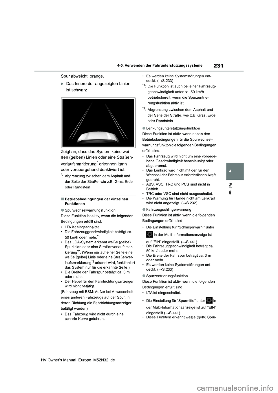 TOYOTA YARIS 2022  Betriebsanleitungen (in German) 231
4
HV Owner's Manual_Europe_M52N32_de
4-5. Verwenden der Fahrunterstützungssysteme
Fahren
Spur abweicht, orange.
Das Innere der angezeigten Linien  
ist schwarz 
Zeigt an, dass das System k