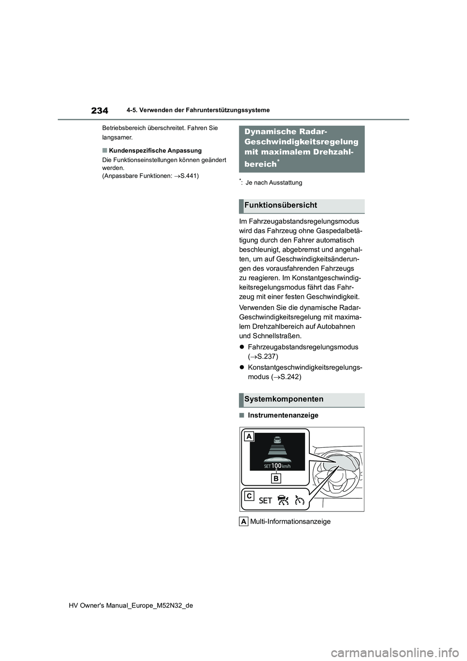 TOYOTA YARIS 2022  Betriebsanleitungen (in German) 234
HV Owner's Manual_Europe_M52N32_de
4-5. Verwenden der Fahrunterstützungssysteme 
Betriebsbereich überschreitet. Fahren Sie  
langsamer.
■Kundenspezifische Anpassung 
Die Funktionseinstellu