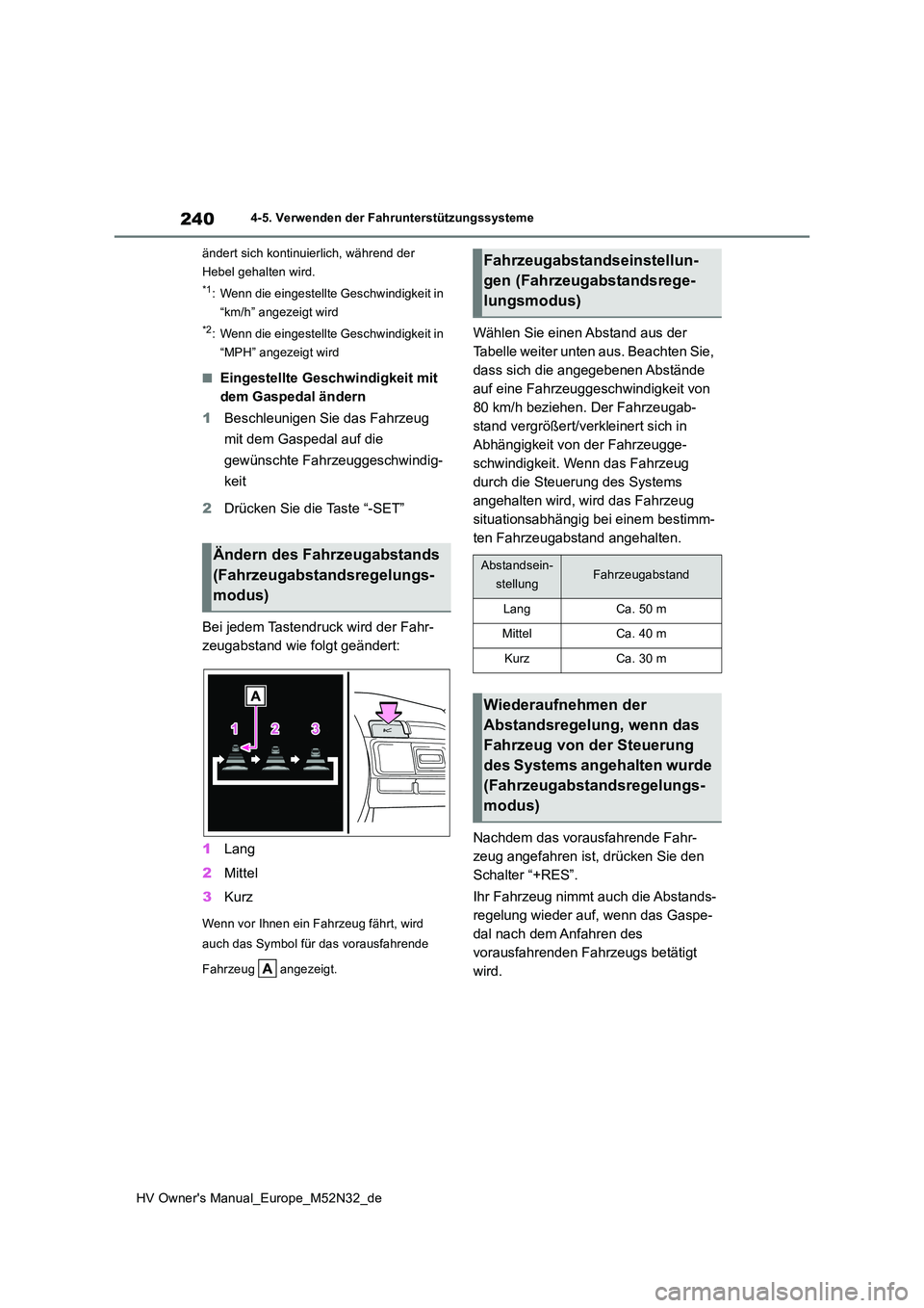 TOYOTA YARIS 2022  Betriebsanleitungen (in German) 240
HV Owner's Manual_Europe_M52N32_de
4-5. Verwenden der Fahrunterstützungssysteme 
ändert sich kontinuier lich, während der  
Hebel gehalten wird.
*1: Wenn die eingestellte Geschwindigkeit in