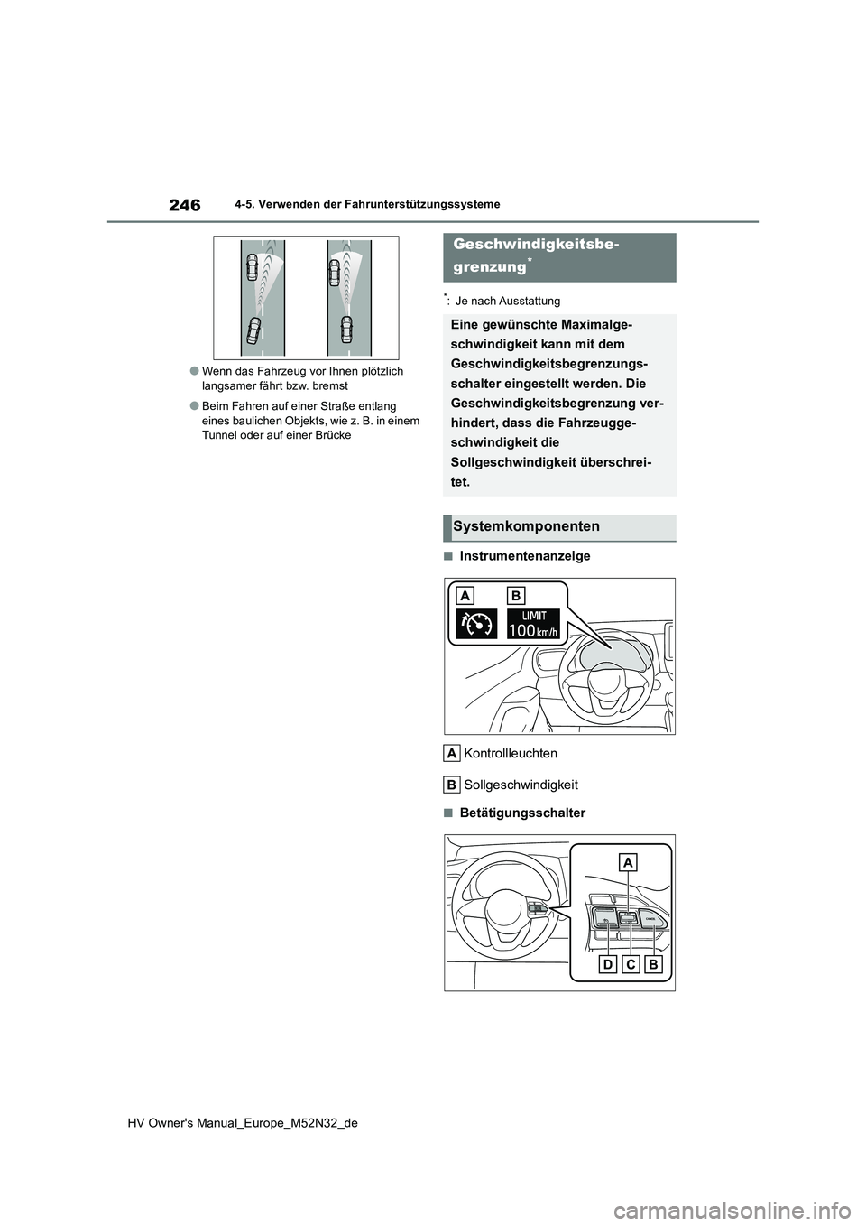 TOYOTA YARIS 2022  Betriebsanleitungen (in German) 246
HV Owner's Manual_Europe_M52N32_de
4-5. Verwenden der Fahrunterstützungssysteme
●Wenn das Fahrzeug vor Ihnen plötzlich  langsamer fährt bzw. bremst
●Beim Fahren auf einer Straße entlan