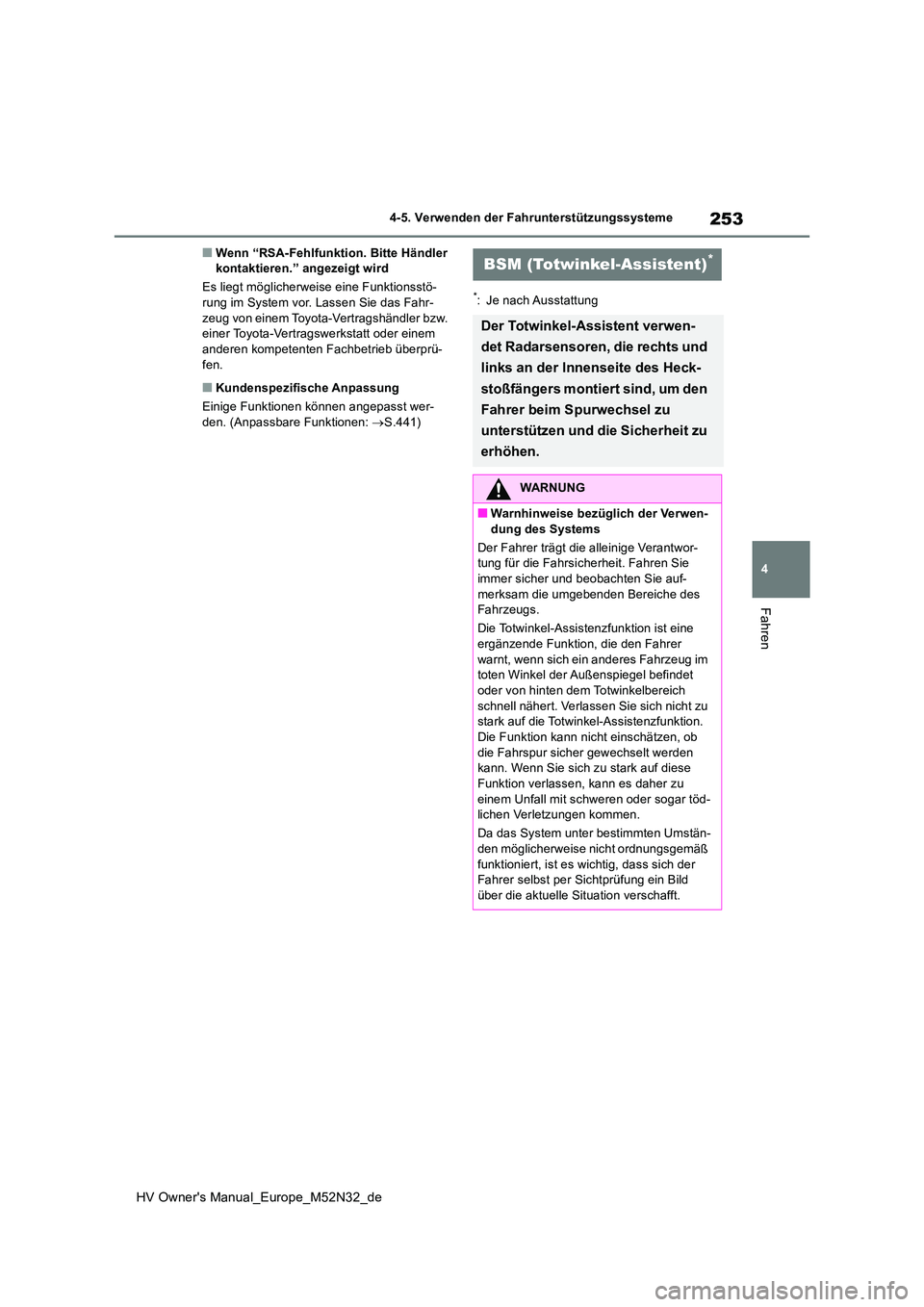 TOYOTA YARIS 2022  Betriebsanleitungen (in German) 253
4
HV Owner's Manual_Europe_M52N32_de
4-5. Verwenden der Fahrunterstützungssysteme
Fahren
■Wenn “RSA-Fehlfunktion. Bitte Händler  kontaktieren.” angezeigt wird 
Es liegt möglicherweise
