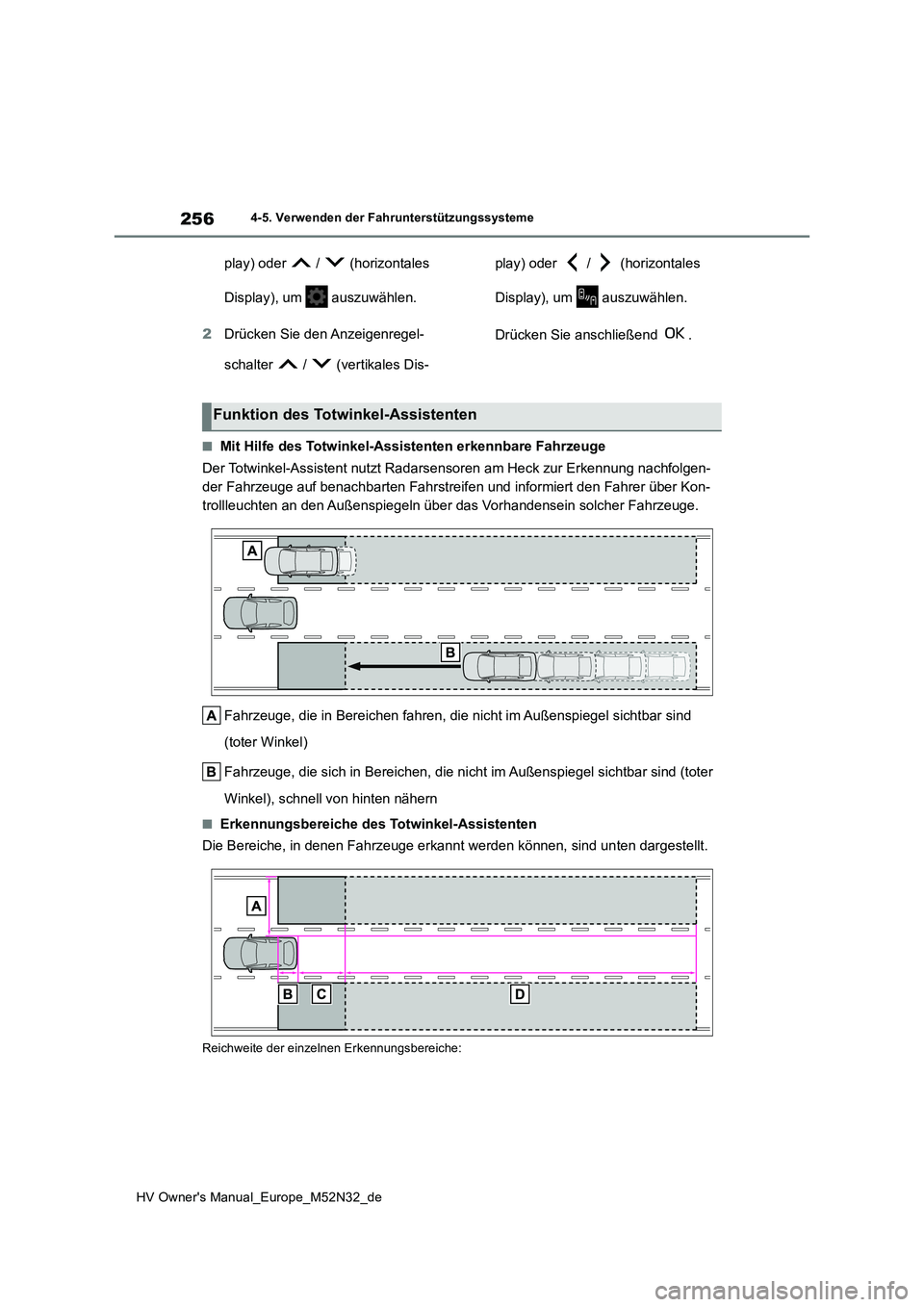 TOYOTA YARIS 2022  Betriebsanleitungen (in German) 256
HV Owner's Manual_Europe_M52N32_de
4-5. Verwenden der Fahrunterstützungssysteme
play) oder   /   (horizontales  
Display), um   auszuwählen. 
2 Drücken Sie den Anzeigenregel- 
schalter   / 