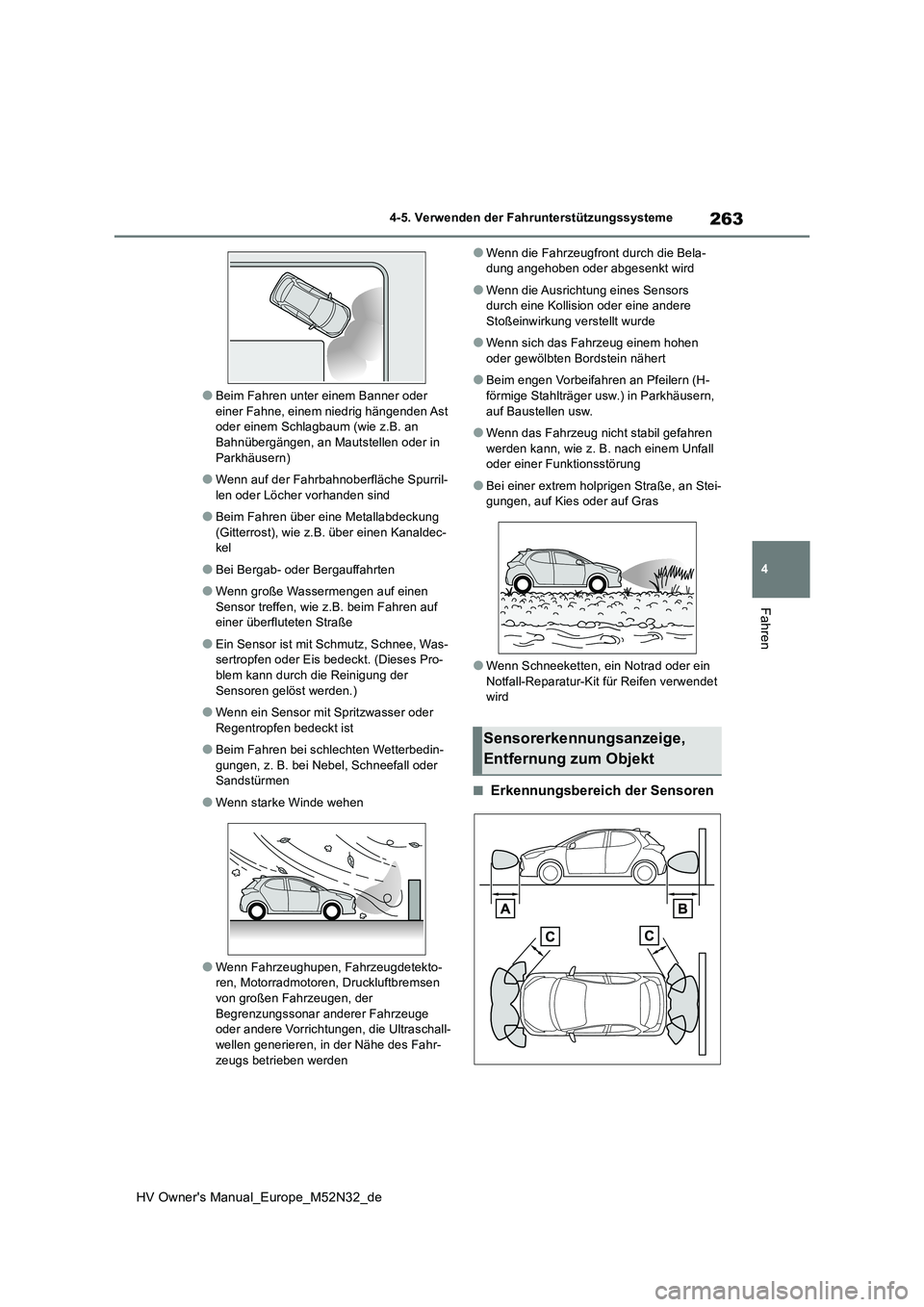 TOYOTA YARIS 2022 Betriebsanleitungen (in German) 263
4
HV Owner's Manual_Europe_M52N32_de
4-5. Verwenden der Fahrunterstützungssysteme
Fahren
●Beim Fahren unter einem Banner oder einer Fahne, einem niedrig hängenden Ast oder einem Schlagbau TOYOTA YARIS 2022 Betriebsanleitungen (in German) 263
4
HV Owner's Manual_Europe_M52N32_de
4-5. Verwenden der Fahrunterstützungssysteme
Fahren
●Beim Fahren unter einem Banner oder einer Fahne, einem niedrig hängenden Ast oder einem Schlagbau