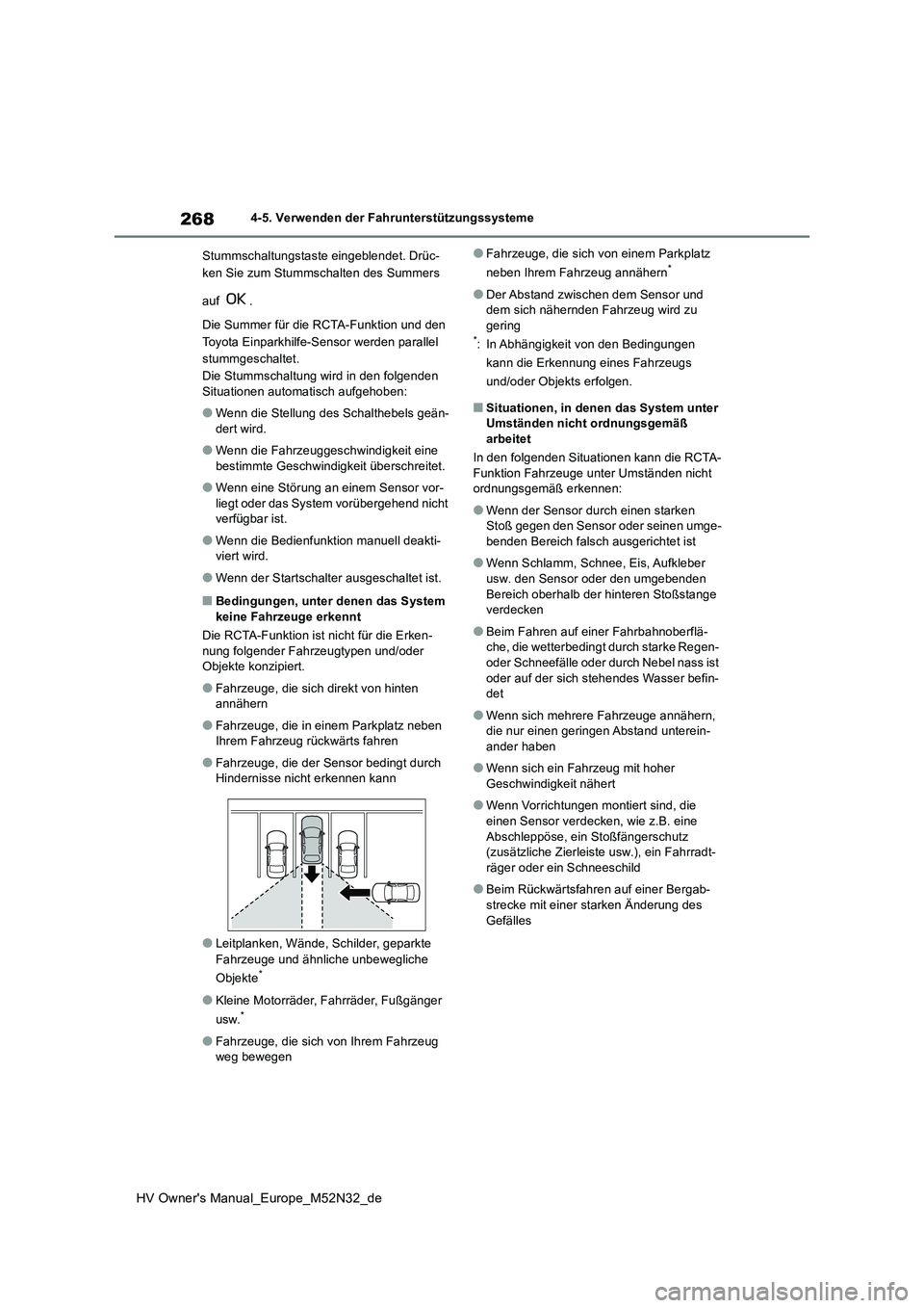 TOYOTA YARIS 2022 Betriebsanleitungen (in German) 268
HV Owner's Manual_Europe_M52N32_de
4-5. Verwenden der Fahrunterstützungssysteme
Stummschaltungstaste eingeblendet. Drüc-
ken Sie zum Stummschalten des Summers
auf .
Die Summer für di TOYOTA YARIS 2022 Betriebsanleitungen (in German) 268
HV Owner's Manual_Europe_M52N32_de
4-5. Verwenden der Fahrunterstützungssysteme
Stummschaltungstaste eingeblendet. Drüc-
ken Sie zum Stummschalten des Summers
auf .
Die Summer für di