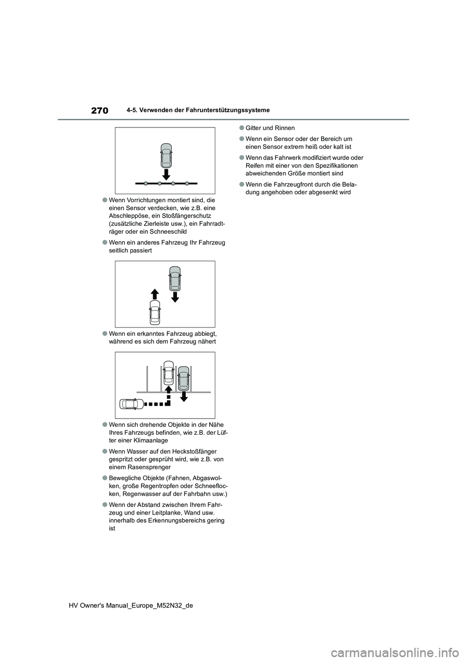 TOYOTA YARIS 2022 Betriebsanleitungen (in German) 270
HV Owner's Manual_Europe_M52N32_de
4-5. Verwenden der Fahrunterstützungssysteme
●Wenn Vorrichtungen montiert sind, die einen Sensor verdecken, wie z.B. eine Abschleppöse, ein Stoßfänger TOYOTA YARIS 2022 Betriebsanleitungen (in German) 270
HV Owner's Manual_Europe_M52N32_de
4-5. Verwenden der Fahrunterstützungssysteme
●Wenn Vorrichtungen montiert sind, die einen Sensor verdecken, wie z.B. eine Abschleppöse, ein Stoßfänger