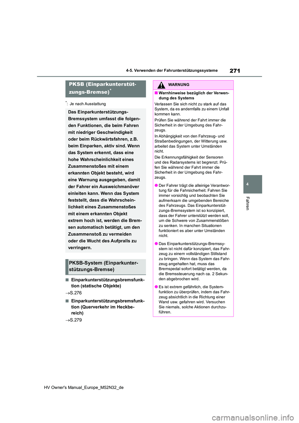 TOYOTA YARIS 2022  Betriebsanleitungen (in German) 271
4
HV Owner's Manual_Europe_M52N32_de
4-5. Verwenden der Fahrunterstützungssysteme
Fahren
*: Je nach Ausstattung
■Einparkunterstützungsbremsfunk- 
tion (statische Objekte) 
 S.276
■Ein TOYOTA YARIS 2022  Betriebsanleitungen (in German) 271
4
HV Owner's Manual_Europe_M52N32_de
4-5. Verwenden der Fahrunterstützungssysteme
Fahren
*: Je nach Ausstattung
■Einparkunterstützungsbremsfunk- 
tion (statische Objekte) 
 S.276
■Ein
