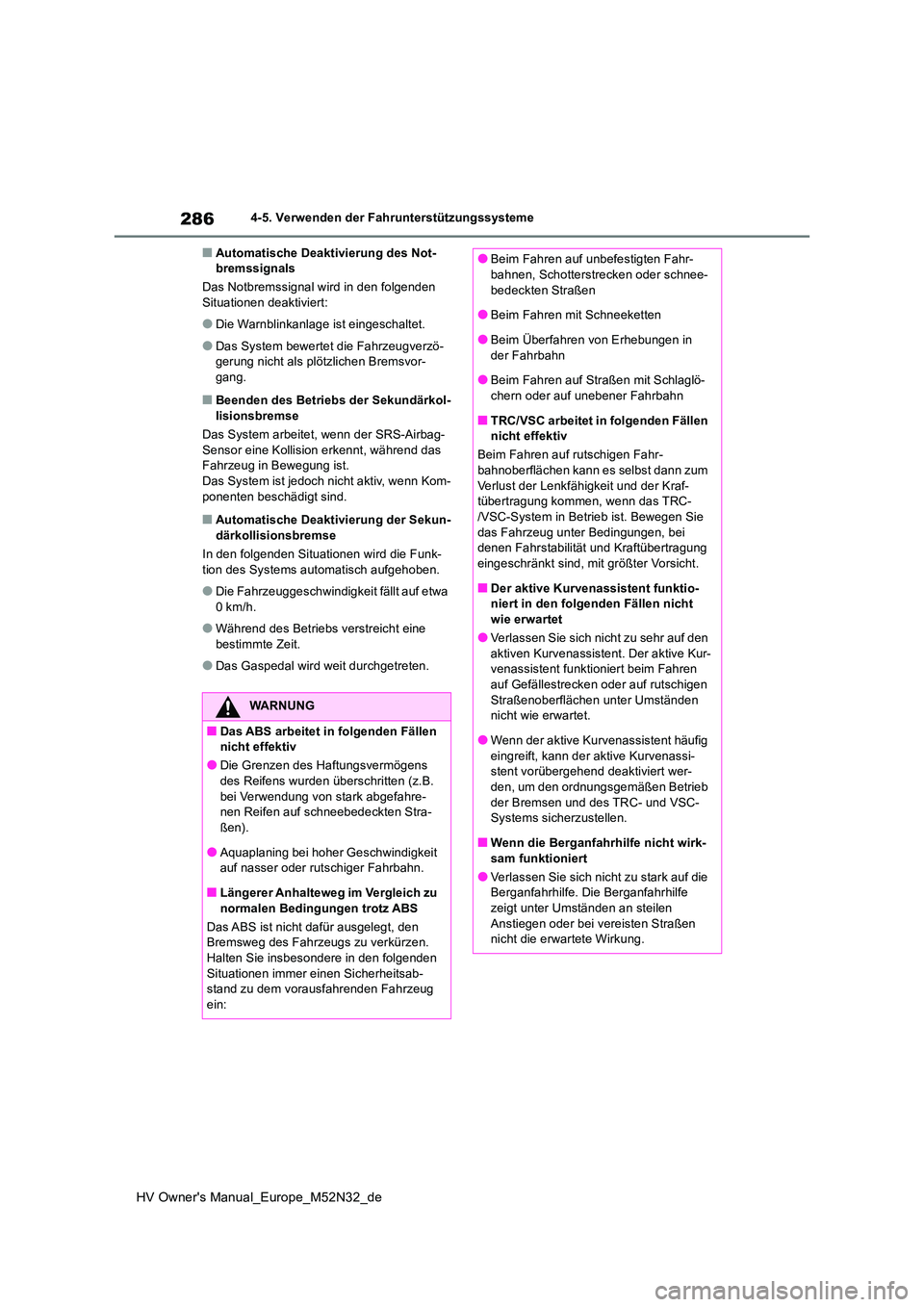 TOYOTA YARIS 2022 Betriebsanleitungen (in German) 286
HV Owner's Manual_Europe_M52N32_de
4-5. Verwenden der Fahrunterstützungssysteme
■Automatische Deaktivierung des Not- bremssignals
Das Notbremssignal wird in den folgenden Situationen deak TOYOTA YARIS 2022 Betriebsanleitungen (in German) 286
HV Owner's Manual_Europe_M52N32_de
4-5. Verwenden der Fahrunterstützungssysteme
■Automatische Deaktivierung des Not- bremssignals
Das Notbremssignal wird in den folgenden Situationen deak