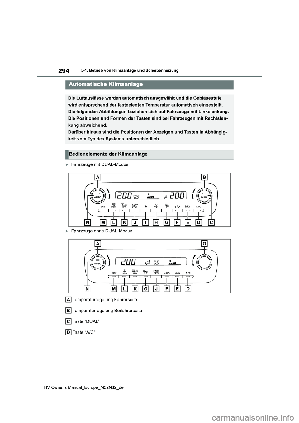 TOYOTA YARIS 2022 Betriebsanleitungen (in German) 294
HV Owner's Manual_Europe_M52N32_de
5-1. Betrieb von Klimaanlage und Scheibenheizung
5-1.Betrieb von Klimaa nla ge und Sch eib enheizu ng
Fahrzeuge mit DUAL-Modus
Fahrzeuge ohne DUAL-Modu TOYOTA YARIS 2022 Betriebsanleitungen (in German) 294
HV Owner's Manual_Europe_M52N32_de
5-1. Betrieb von Klimaanlage und Scheibenheizung
5-1.Betrieb von Klimaa nla ge und Sch eib enheizu ng
Fahrzeuge mit DUAL-Modus
Fahrzeuge ohne DUAL-Modu
