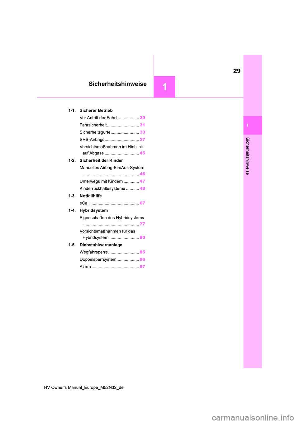 TOYOTA YARIS 2022 Betriebsanleitungen (in German) 1
29
HV Owner's Manual_Europe_M52N32_de
1
Sicherheitshinweise
Sicherheitshinweise
1-1. Sicherer Betrieb
Vor Antritt der Fahrt .................. 30
Fahrsicherheit ........................... 31 TOYOTA YARIS 2022 Betriebsanleitungen (in German) 1
29
HV Owner's Manual_Europe_M52N32_de
1
Sicherheitshinweise
Sicherheitshinweise
1-1. Sicherer Betrieb
Vor Antritt der Fahrt .................. 30
Fahrsicherheit ........................... 31