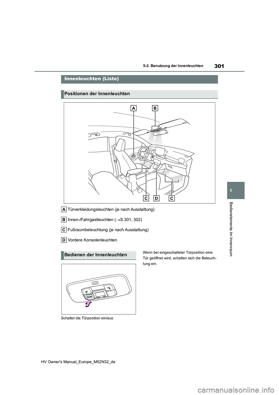 TOYOTA YARIS 2022 Betriebsanleitungen (in German) 301
5
HV Owner's Manual_Europe_M52N32_de
5-2. Benutzung der Innenleuchten
Bedienelemente im Innenraum
5-2.Benutzun g d er Innenleu chten
Türverkleidungsleuchten (je nach Ausstattung)
Innen-/Fahr TOYOTA YARIS 2022 Betriebsanleitungen (in German) 301
5
HV Owner's Manual_Europe_M52N32_de
5-2. Benutzung der Innenleuchten
Bedienelemente im Innenraum
5-2.Benutzun g d er Innenleu chten
Türverkleidungsleuchten (je nach Ausstattung)
Innen-/Fahr