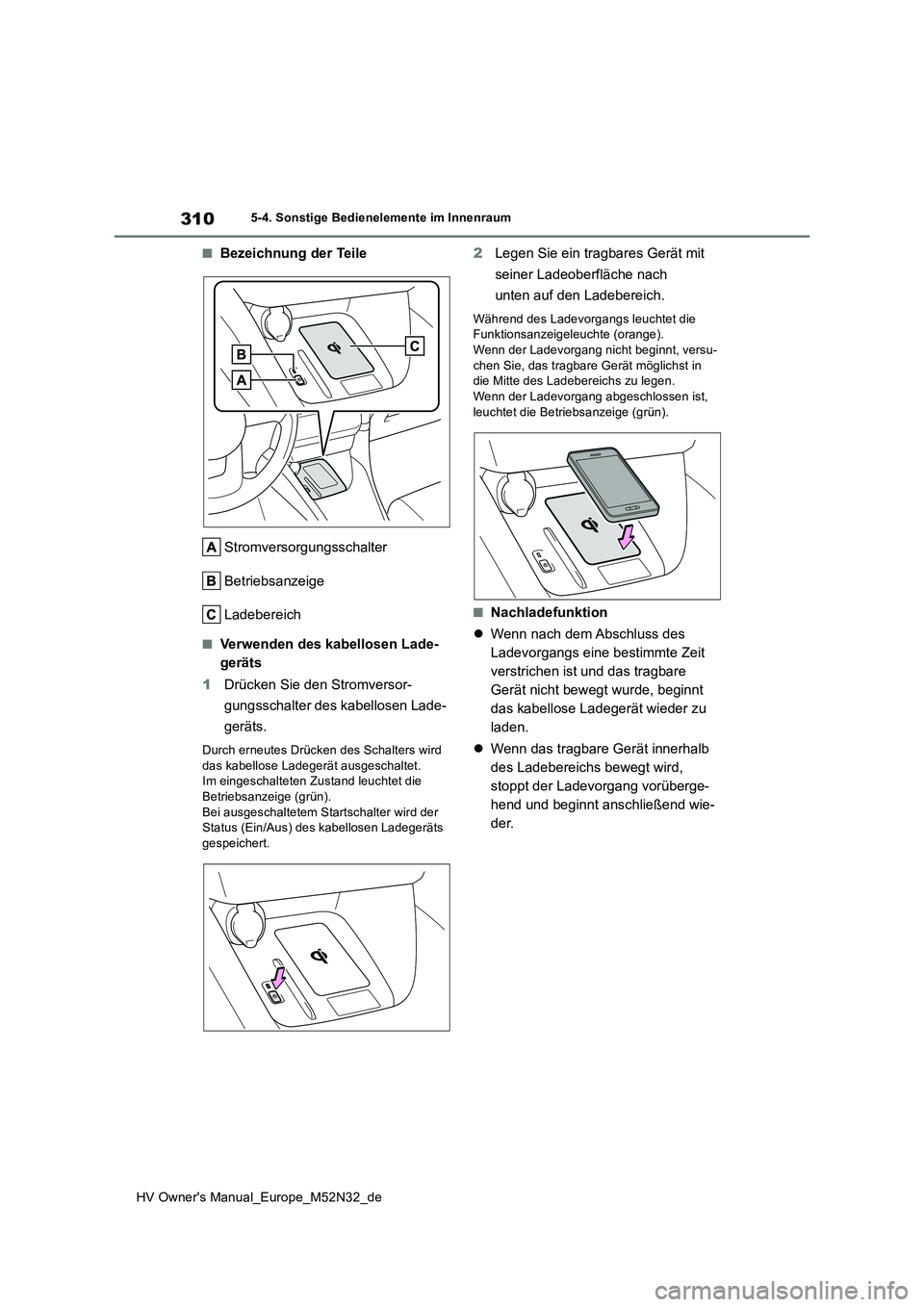 TOYOTA YARIS 2022 Betriebsanleitungen (in German) 310
HV Owner's Manual_Europe_M52N32_de
5-4. Sonstige Bedienelemente im Innenraum
■Bezeichnung der Teile
Stromversorgungsschalter
Betriebsanzeige
Ladebereich
■Verwenden des kabellosen Lade-
TOYOTA YARIS 2022 Betriebsanleitungen (in German) 310
HV Owner's Manual_Europe_M52N32_de
5-4. Sonstige Bedienelemente im Innenraum
■Bezeichnung der Teile
Stromversorgungsschalter
Betriebsanzeige
Ladebereich
■Verwenden des kabellosen Lade-