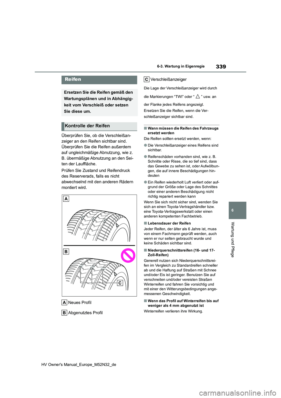 TOYOTA YARIS 2022  Betriebsanleitungen (in German) 339
6
HV Owner's Manual_Europe_M52N32_de
6-3. Wartung in Eigenregie
Wartung und Pflege
Überprüfen Sie, ob die Verschleißan- 
zeiger an den Reifen sichtbar sind. 
Überprüfen Sie die Reifen au