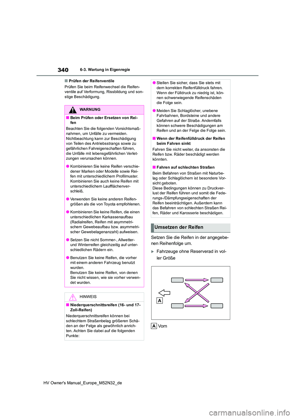 TOYOTA YARIS 2022  Betriebsanleitungen (in German) 340
HV Owner's Manual_Europe_M52N32_de
6-3. Wartung in Eigenregie
■Prüfen der Reifenventile 
Prüfen Sie beim Reifenwechsel die Reifen- ventile auf Verformung, Rissbildung und son-stige Beschä