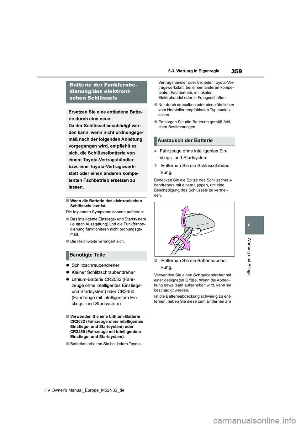 TOYOTA YARIS 2022 Betriebsanleitungen (in German) 359
6
HV Owner's Manual_Europe_M52N32_de
6-3. Wartung in Eigenregie
Wartung und Pflege
■Wenn die Batterie des elektronischen Schlüssels leer ist
Die folgenden Symptome können auftreten:
●D TOYOTA YARIS 2022 Betriebsanleitungen (in German) 359
6
HV Owner's Manual_Europe_M52N32_de
6-3. Wartung in Eigenregie
Wartung und Pflege
■Wenn die Batterie des elektronischen Schlüssels leer ist
Die folgenden Symptome können auftreten:
●D