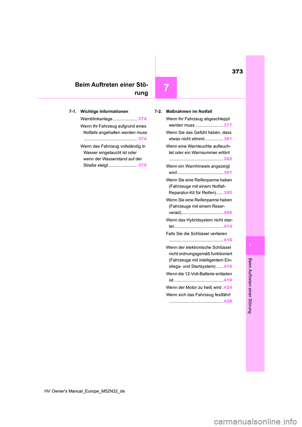 TOYOTA YARIS 2022 Betriebsanleitungen (in German) 7
373
HV Owner's Manual_Europe_M52N32_de
7
Beim Auftreten einer Störung
Beim Auftreten einer Stö-
rung
7-1. Wichtige Informationen
Warnblinkanlage .................... 374
Wenn Ihr Fahrzeug a TOYOTA YARIS 2022 Betriebsanleitungen (in German) 7
373
HV Owner's Manual_Europe_M52N32_de
7
Beim Auftreten einer Störung
Beim Auftreten einer Stö-
rung
7-1. Wichtige Informationen
Warnblinkanlage .................... 374
Wenn Ihr Fahrzeug a