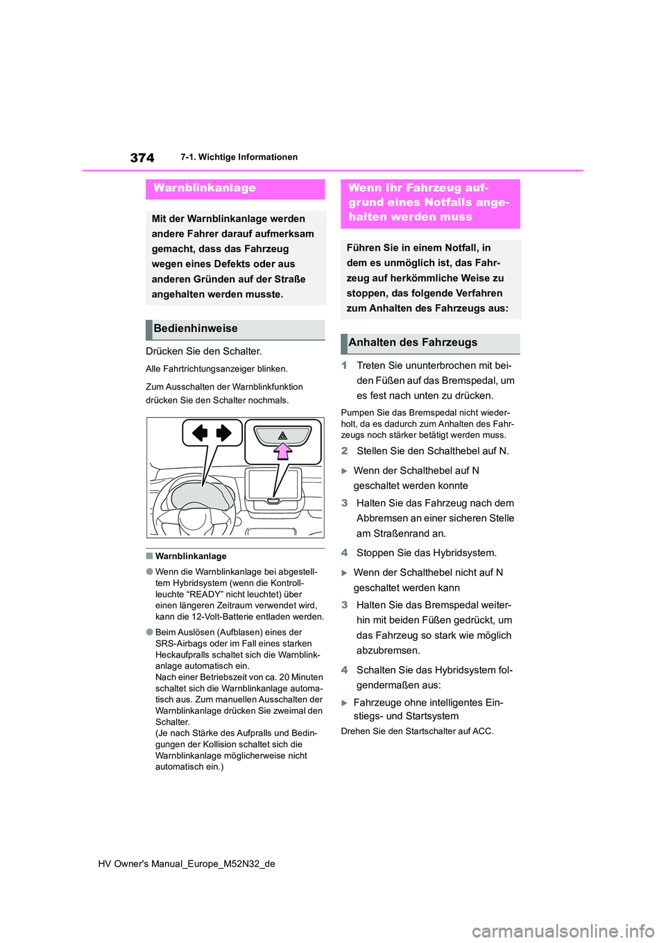 TOYOTA YARIS 2022 Betriebsanleitungen (in German) 374
HV Owner's Manual_Europe_M52N32_de
7-1. Wichtige Informationen
7-1.Wichtige In formatione n
Drücken Sie den Schalter.
Alle Fahrtrichtungsanzeiger blinken.
Zum Ausschalten der Warnblinkfunkti TOYOTA YARIS 2022 Betriebsanleitungen (in German) 374
HV Owner's Manual_Europe_M52N32_de
7-1. Wichtige Informationen
7-1.Wichtige In formatione n
Drücken Sie den Schalter.
Alle Fahrtrichtungsanzeiger blinken.
Zum Ausschalten der Warnblinkfunkti