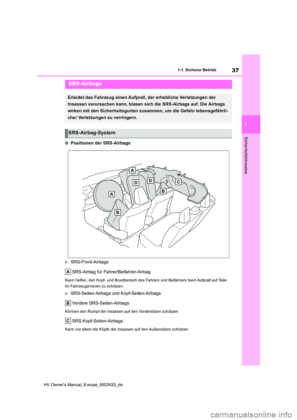 TOYOTA YARIS 2022 Betriebsanleitungen (in German) 37
1
HV Owner's Manual_Europe_M52N32_de
1-1. Sicherer Betrieb
Sicherheitshinweise
■Positionen der SRS-Airbags
SRS-Front-Airbags
SRS-Airbag für Fahrer/Beifahrer-Airbag
Kann helfen, den Kopf- TOYOTA YARIS 2022 Betriebsanleitungen (in German) 37
1
HV Owner's Manual_Europe_M52N32_de
1-1. Sicherer Betrieb
Sicherheitshinweise
■Positionen der SRS-Airbags
SRS-Front-Airbags
SRS-Airbag für Fahrer/Beifahrer-Airbag
Kann helfen, den Kopf-