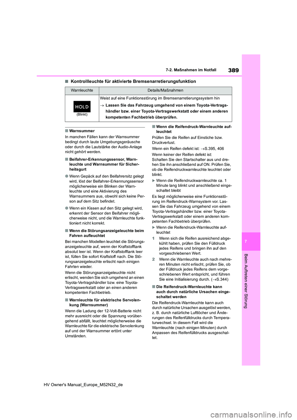 TOYOTA YARIS 2022 Betriebsanleitungen (in German) 389
7
HV Owner's Manual_Europe_M52N32_de
7-2. Maßnahmen im Notfall
Beim Auftreten einer Störung
■Kontrollleuchte für aktivierte Bremsenarretierungsfunktion
■Warnsummer
In manchen Fällen k TOYOTA YARIS 2022 Betriebsanleitungen (in German) 389
7
HV Owner's Manual_Europe_M52N32_de
7-2. Maßnahmen im Notfall
Beim Auftreten einer Störung
■Kontrollleuchte für aktivierte Bremsenarretierungsfunktion
■Warnsummer
In manchen Fällen k
